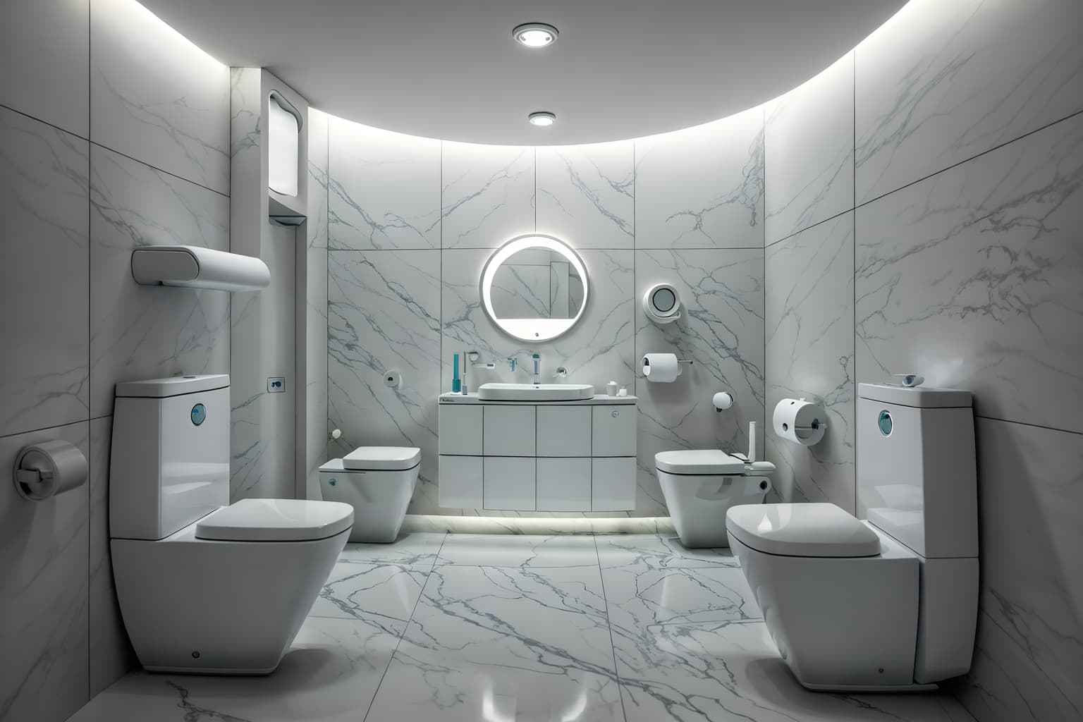 futuristic-style (toilet interior) with toilet paper hanger and sink with tap and toilet with toilet seat up and toilet paper hanger. . with smooth marble and circular shapes and spaceship interior and floating surfaces and light colors and futuristic interior and neutral background and bright accents and minimalist clean lines. . cinematic photo, highly detailed, cinematic lighting, ultra-detailed, ultrarealistic, photorealism, 8k. futuristic interior design style. masterpiece, cinematic light, ultrarealistic+, photorealistic+, 8k, raw photo, realistic, sharp focus on eyes, (symmetrical eyes), (intact eyes), hyperrealistic, highest quality, best quality, , highly detailed, masterpiece, best quality, extremely detailed 8k wallpaper, masterpiece, best quality, ultra-detailed, best shadow, detailed background, detailed face, detailed eyes, high contrast, best illumination, detailed face, dulux, caustic, dynamic angle, detailed glow. dramatic lighting. highly detailed, insanely detailed hair, symmetrical, intricate details, professionally retouched, 8k high definition. strong bokeh. award winning photo.