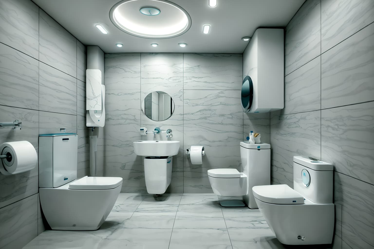 futuristic-style (toilet interior) with toilet paper hanger and sink with tap and toilet with toilet seat up and toilet paper hanger. . with smooth marble and circular shapes and spaceship interior and floating surfaces and light colors and futuristic interior and neutral background and bright accents and minimalist clean lines. . cinematic photo, highly detailed, cinematic lighting, ultra-detailed, ultrarealistic, photorealism, 8k. futuristic interior design style. masterpiece, cinematic light, ultrarealistic+, photorealistic+, 8k, raw photo, realistic, sharp focus on eyes, (symmetrical eyes), (intact eyes), hyperrealistic, highest quality, best quality, , highly detailed, masterpiece, best quality, extremely detailed 8k wallpaper, masterpiece, best quality, ultra-detailed, best shadow, detailed background, detailed face, detailed eyes, high contrast, best illumination, detailed face, dulux, caustic, dynamic angle, detailed glow. dramatic lighting. highly detailed, insanely detailed hair, symmetrical, intricate details, professionally retouched, 8k high definition. strong bokeh. award winning photo.