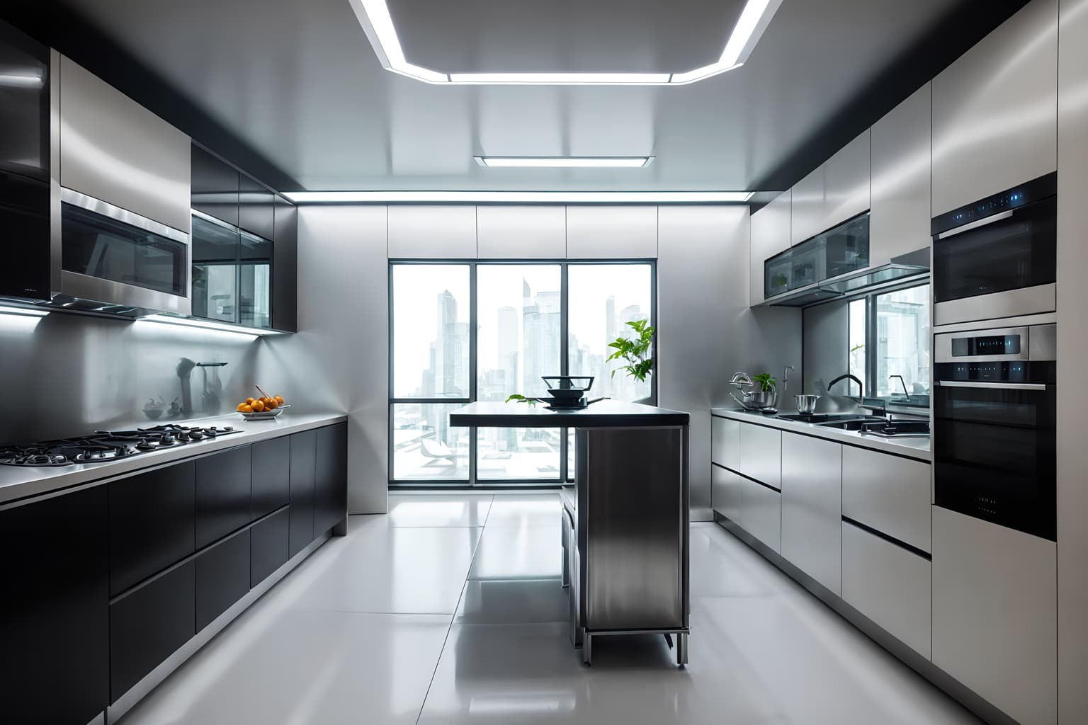 futuristic-style (kitchen interior) with worktops and stove and sink and plant and kitchen cabinets and refrigerator and worktops. . with futuristic interior and glass panes and futurism and steel finishing and strong geometric walls and minimalist clean lines and futurism minimalist interior and spaceship interior. . cinematic photo, highly detailed, cinematic lighting, ultra-detailed, ultrarealistic, photorealism, 8k. futuristic interior design style. masterpiece, cinematic light, ultrarealistic+, photorealistic+, 8k, raw photo, realistic, sharp focus on eyes, (symmetrical eyes), (intact eyes), hyperrealistic, highest quality, best quality, , highly detailed, masterpiece, best quality, extremely detailed 8k wallpaper, masterpiece, best quality, ultra-detailed, best shadow, detailed background, detailed face, detailed eyes, high contrast, best illumination, detailed face, dulux, caustic, dynamic angle, detailed glow. dramatic lighting. highly detailed, insanely detailed hair, symmetrical, intricate details, professionally retouched, 8k high definition. strong bokeh. award winning photo.