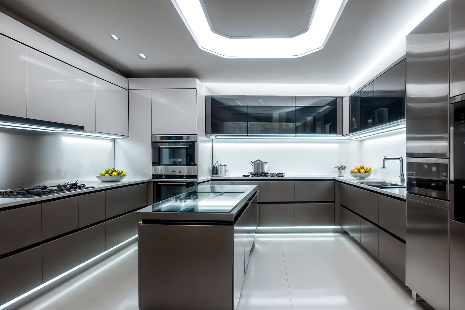 futuristic-style (kitchen interior) with worktops and stove and sink and plant and kitchen cabinets and refrigerator and worktops. . with futuristic interior and glass panes and futurism and steel finishing and strong geometric walls and minimalist clean lines and futurism minimalist interior and spaceship interior. . cinematic photo, highly detailed, cinematic lighting, ultra-detailed, ultrarealistic, photorealism, 8k. futuristic interior design style. masterpiece, cinematic light, ultrarealistic+, photorealistic+, 8k, raw photo, realistic, sharp focus on eyes, (symmetrical eyes), (intact eyes), hyperrealistic, highest quality, best quality, , highly detailed, masterpiece, best quality, extremely detailed 8k wallpaper, masterpiece, best quality, ultra-detailed, best shadow, detailed background, detailed face, detailed eyes, high contrast, best illumination, detailed face, dulux, caustic, dynamic angle, detailed glow. dramatic lighting. highly detailed, insanely detailed hair, symmetrical, intricate details, professionally retouched, 8k high definition. strong bokeh. award winning photo.