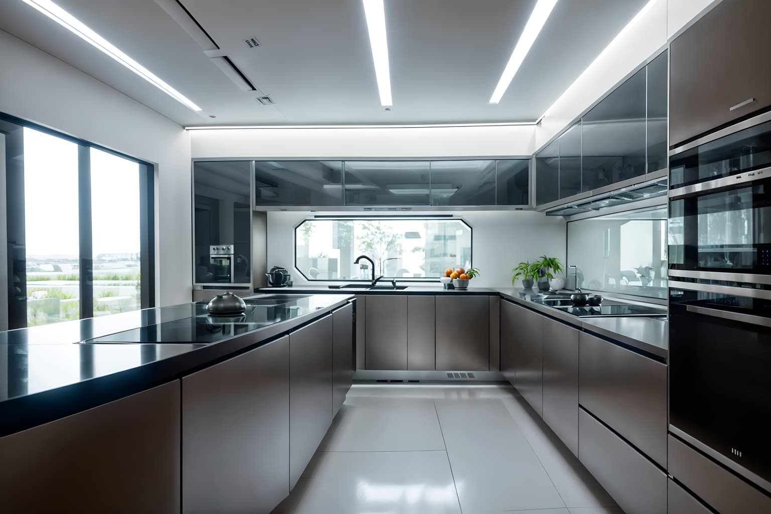 futuristic-style (kitchen interior) with worktops and stove and sink and plant and kitchen cabinets and refrigerator and worktops. . with futuristic interior and glass panes and futurism and steel finishing and strong geometric walls and minimalist clean lines and futurism minimalist interior and spaceship interior. . cinematic photo, highly detailed, cinematic lighting, ultra-detailed, ultrarealistic, photorealism, 8k. futuristic interior design style. masterpiece, cinematic light, ultrarealistic+, photorealistic+, 8k, raw photo, realistic, sharp focus on eyes, (symmetrical eyes), (intact eyes), hyperrealistic, highest quality, best quality, , highly detailed, masterpiece, best quality, extremely detailed 8k wallpaper, masterpiece, best quality, ultra-detailed, best shadow, detailed background, detailed face, detailed eyes, high contrast, best illumination, detailed face, dulux, caustic, dynamic angle, detailed glow. dramatic lighting. highly detailed, insanely detailed hair, symmetrical, intricate details, professionally retouched, 8k high definition. strong bokeh. award winning photo.
