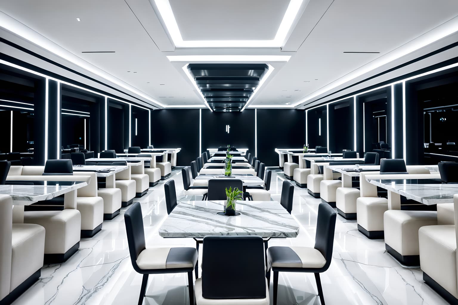 futuristic-style (restaurant interior) with restaurant decor and restaurant dining tables and restaurant chairs and restaurant bar and restaurant decor. . with minimalist clean lines and strong geometric walls and futuristic interior and smooth polished marble and floating surfaces and monochromatic palette and smooth marble and neutral background and bright accents. . cinematic photo, highly detailed, cinematic lighting, ultra-detailed, ultrarealistic, photorealism, 8k. futuristic interior design style. masterpiece, cinematic light, ultrarealistic+, photorealistic+, 8k, raw photo, realistic, sharp focus on eyes, (symmetrical eyes), (intact eyes), hyperrealistic, highest quality, best quality, , highly detailed, masterpiece, best quality, extremely detailed 8k wallpaper, masterpiece, best quality, ultra-detailed, best shadow, detailed background, detailed face, detailed eyes, high contrast, best illumination, detailed face, dulux, caustic, dynamic angle, detailed glow. dramatic lighting. highly detailed, insanely detailed hair, symmetrical, intricate details, professionally retouched, 8k high definition. strong bokeh. award winning photo.