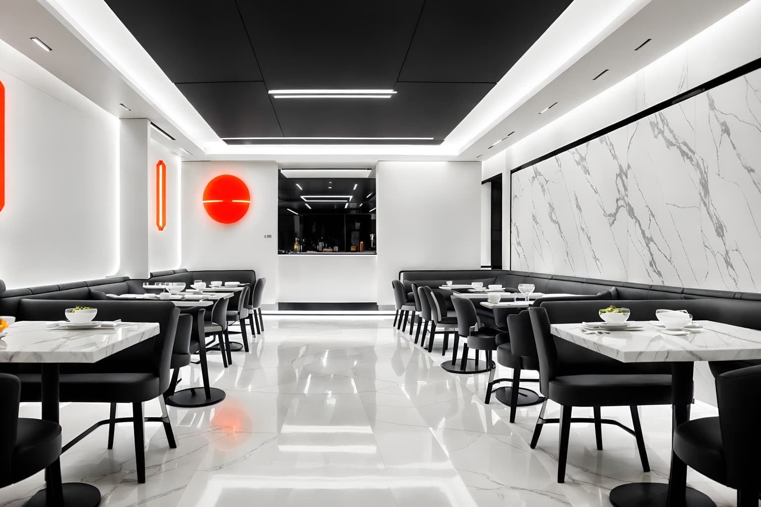 futuristic-style (restaurant interior) with restaurant decor and restaurant dining tables and restaurant chairs and restaurant bar and restaurant decor. . with minimalist clean lines and strong geometric walls and futuristic interior and smooth polished marble and floating surfaces and monochromatic palette and smooth marble and neutral background and bright accents. . cinematic photo, highly detailed, cinematic lighting, ultra-detailed, ultrarealistic, photorealism, 8k. futuristic interior design style. masterpiece, cinematic light, ultrarealistic+, photorealistic+, 8k, raw photo, realistic, sharp focus on eyes, (symmetrical eyes), (intact eyes), hyperrealistic, highest quality, best quality, , highly detailed, masterpiece, best quality, extremely detailed 8k wallpaper, masterpiece, best quality, ultra-detailed, best shadow, detailed background, detailed face, detailed eyes, high contrast, best illumination, detailed face, dulux, caustic, dynamic angle, detailed glow. dramatic lighting. highly detailed, insanely detailed hair, symmetrical, intricate details, professionally retouched, 8k high definition. strong bokeh. award winning photo.