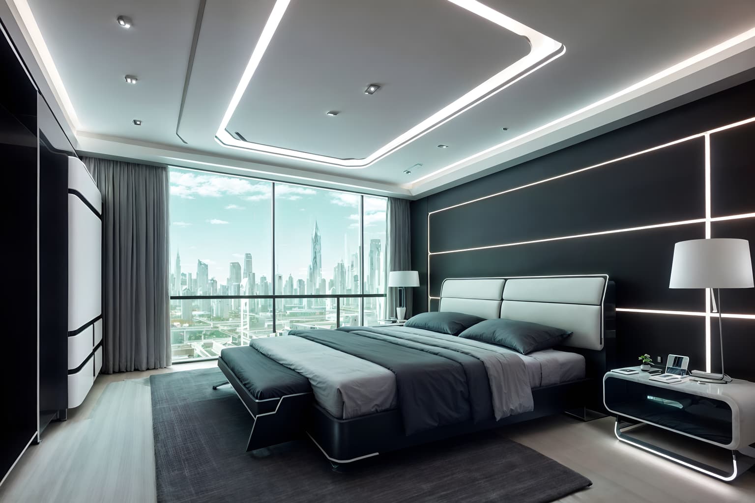 futuristic-style (bedroom interior) with bedside table or night stand and bed and mirror and plant and dresser closet and night light and accent chair and headboard. . with smooth marble and steel finishing and spaceship interior and futuristic interior and futurism and minimalist clean lines and futurism minimalist interior and strong geometric walls. . cinematic photo, highly detailed, cinematic lighting, ultra-detailed, ultrarealistic, photorealism, 8k. futuristic interior design style. masterpiece, cinematic light, ultrarealistic+, photorealistic+, 8k, raw photo, realistic, sharp focus on eyes, (symmetrical eyes), (intact eyes), hyperrealistic, highest quality, best quality, , highly detailed, masterpiece, best quality, extremely detailed 8k wallpaper, masterpiece, best quality, ultra-detailed, best shadow, detailed background, detailed face, detailed eyes, high contrast, best illumination, detailed face, dulux, caustic, dynamic angle, detailed glow. dramatic lighting. highly detailed, insanely detailed hair, symmetrical, intricate details, professionally retouched, 8k high definition. strong bokeh. award winning photo.
