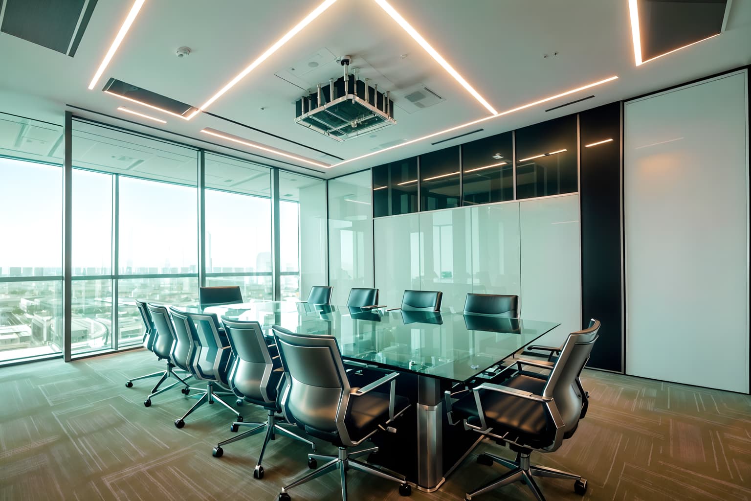 futuristic-style (meeting room interior) with plant and vase and glass doors and boardroom table and cabinets and painting or photo on wall and office chairs and glass walls. . with floating surfaces and glass panes and neutral background and bright accents and steel finishing and smooth polished marble and futurism and futurism minimalist interior and futuristic interior. . cinematic photo, highly detailed, cinematic lighting, ultra-detailed, ultrarealistic, photorealism, 8k. futuristic interior design style. masterpiece, cinematic light, ultrarealistic+, photorealistic+, 8k, raw photo, realistic, sharp focus on eyes, (symmetrical eyes), (intact eyes), hyperrealistic, highest quality, best quality, , highly detailed, masterpiece, best quality, extremely detailed 8k wallpaper, masterpiece, best quality, ultra-detailed, best shadow, detailed background, detailed face, detailed eyes, high contrast, best illumination, detailed face, dulux, caustic, dynamic angle, detailed glow. dramatic lighting. highly detailed, insanely detailed hair, symmetrical, intricate details, professionally retouched, 8k high definition. strong bokeh. award winning photo.
