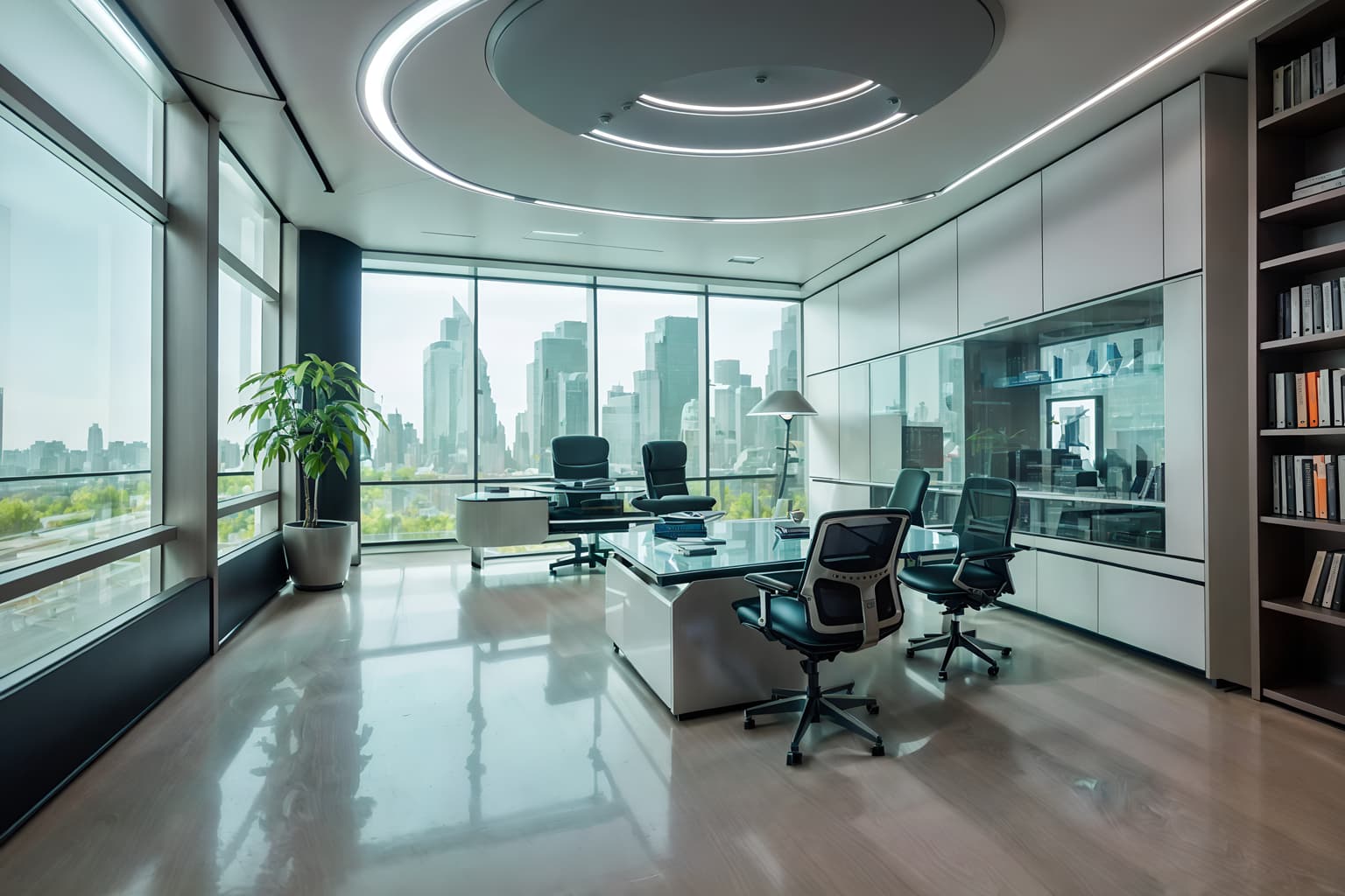 futuristic-style (study room interior) with bookshelves and writing desk and lounge chair and desk lamp and plant and cabinets and office chair and bookshelves. . with futurism and steel finishing and smooth marble and light colors and minimalist clean lines and spaceship interior and circular shapes and glass panes. . cinematic photo, highly detailed, cinematic lighting, ultra-detailed, ultrarealistic, photorealism, 8k. futuristic interior design style. masterpiece, cinematic light, ultrarealistic+, photorealistic+, 8k, raw photo, realistic, sharp focus on eyes, (symmetrical eyes), (intact eyes), hyperrealistic, highest quality, best quality, , highly detailed, masterpiece, best quality, extremely detailed 8k wallpaper, masterpiece, best quality, ultra-detailed, best shadow, detailed background, detailed face, detailed eyes, high contrast, best illumination, detailed face, dulux, caustic, dynamic angle, detailed glow. dramatic lighting. highly detailed, insanely detailed hair, symmetrical, intricate details, professionally retouched, 8k high definition. strong bokeh. award winning photo.