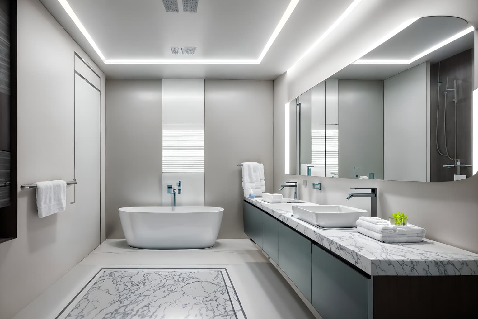 futuristic-style (bathroom interior) with bath towel and shower and waste basket and bath rail and bathtub and plant and bathroom cabinet and bathroom sink with faucet. . with neutral background and bright accents and monochromatic palette and futurism minimalist interior and light colors and circular shapes and smooth polished marble and steel finishing and floating surfaces. . cinematic photo, highly detailed, cinematic lighting, ultra-detailed, ultrarealistic, photorealism, 8k. futuristic interior design style. masterpiece, cinematic light, ultrarealistic+, photorealistic+, 8k, raw photo, realistic, sharp focus on eyes, (symmetrical eyes), (intact eyes), hyperrealistic, highest quality, best quality, , highly detailed, masterpiece, best quality, extremely detailed 8k wallpaper, masterpiece, best quality, ultra-detailed, best shadow, detailed background, detailed face, detailed eyes, high contrast, best illumination, detailed face, dulux, caustic, dynamic angle, detailed glow. dramatic lighting. highly detailed, insanely detailed hair, symmetrical, intricate details, professionally retouched, 8k high definition. strong bokeh. award winning photo.
