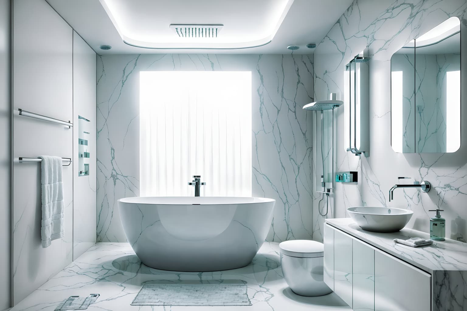 futuristic-style (bathroom interior) with bath towel and shower and waste basket and bath rail and bathtub and plant and bathroom cabinet and bathroom sink with faucet. . with neutral background and bright accents and monochromatic palette and futurism minimalist interior and light colors and circular shapes and smooth polished marble and steel finishing and floating surfaces. . cinematic photo, highly detailed, cinematic lighting, ultra-detailed, ultrarealistic, photorealism, 8k. futuristic interior design style. masterpiece, cinematic light, ultrarealistic+, photorealistic+, 8k, raw photo, realistic, sharp focus on eyes, (symmetrical eyes), (intact eyes), hyperrealistic, highest quality, best quality, , highly detailed, masterpiece, best quality, extremely detailed 8k wallpaper, masterpiece, best quality, ultra-detailed, best shadow, detailed background, detailed face, detailed eyes, high contrast, best illumination, detailed face, dulux, caustic, dynamic angle, detailed glow. dramatic lighting. highly detailed, insanely detailed hair, symmetrical, intricate details, professionally retouched, 8k high definition. strong bokeh. award winning photo.