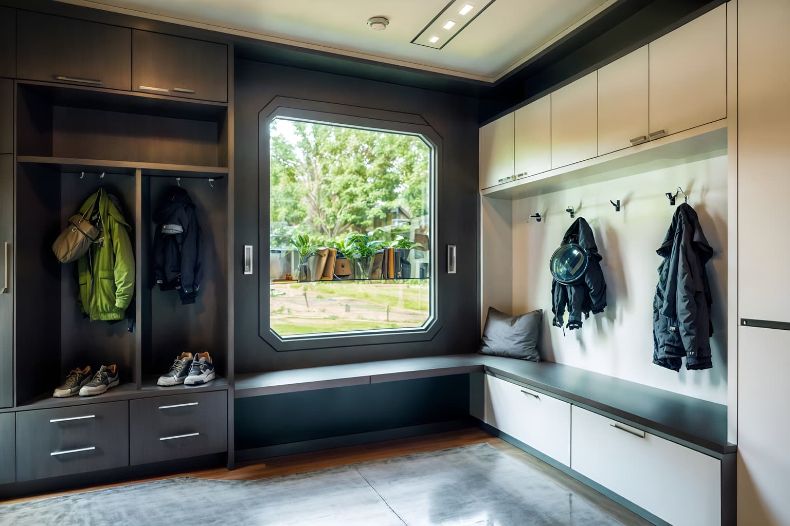 futuristic-style (mudroom interior) with wall hooks for coats and high up storage and a bench and shelves for shoes and storage baskets and storage drawers and cubbies and cabinets. . with spaceship interior and steel finishing and glass panes and futurism and futurism minimalist interior and floating surfaces and circular shapes and smooth marble. . cinematic photo, highly detailed, cinematic lighting, ultra-detailed, ultrarealistic, photorealism, 8k. futuristic interior design style. masterpiece, cinematic light, ultrarealistic+, photorealistic+, 8k, raw photo, realistic, sharp focus on eyes, (symmetrical eyes), (intact eyes), hyperrealistic, highest quality, best quality, , highly detailed, masterpiece, best quality, extremely detailed 8k wallpaper, masterpiece, best quality, ultra-detailed, best shadow, detailed background, detailed face, detailed eyes, high contrast, best illumination, detailed face, dulux, caustic, dynamic angle, detailed glow. dramatic lighting. highly detailed, insanely detailed hair, symmetrical, intricate details, professionally retouched, 8k high definition. strong bokeh. award winning photo.