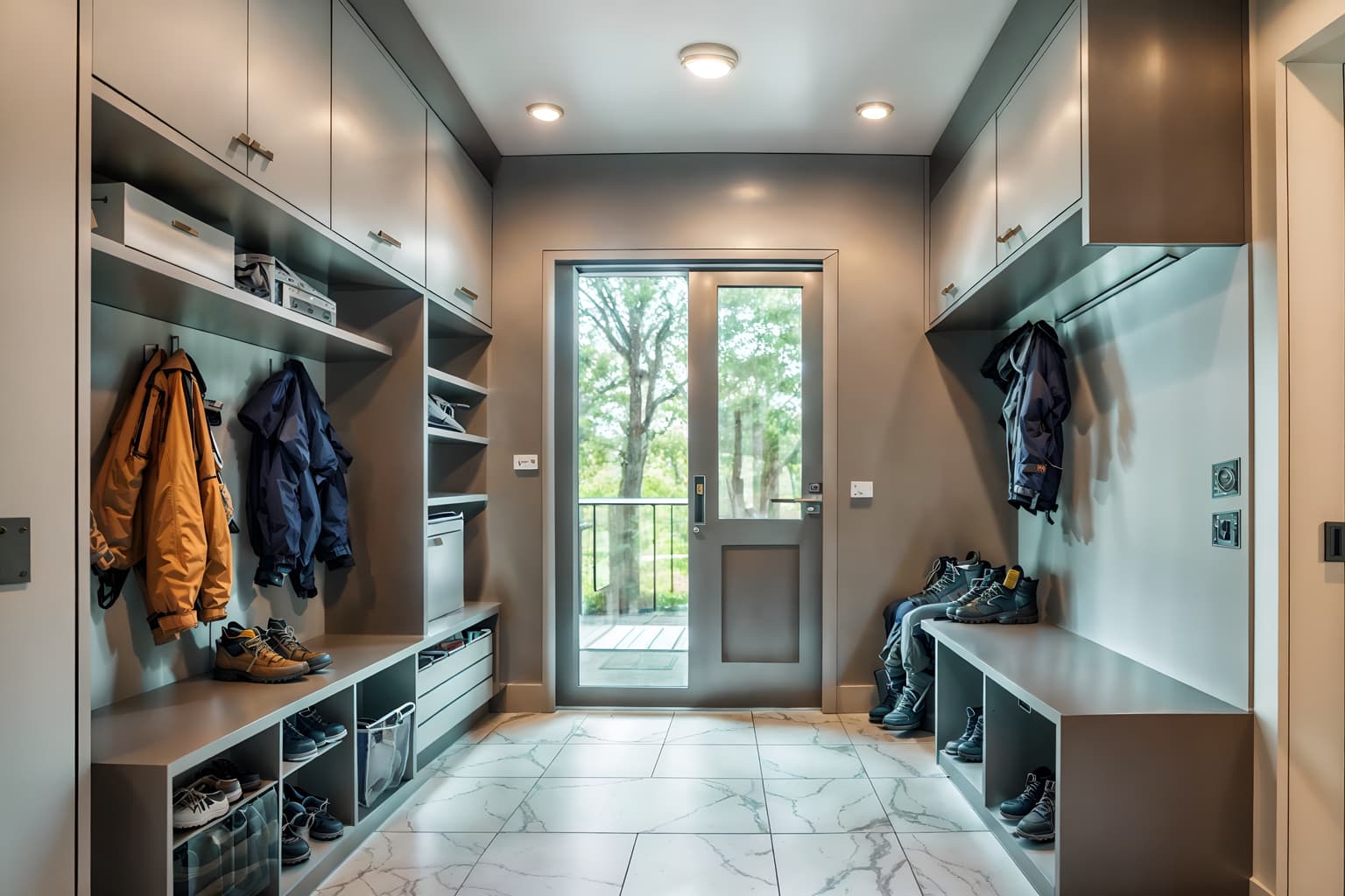 futuristic-style (mudroom interior) with wall hooks for coats and high up storage and a bench and shelves for shoes and storage baskets and storage drawers and cubbies and cabinets. . with spaceship interior and steel finishing and glass panes and futurism and futurism minimalist interior and floating surfaces and circular shapes and smooth marble. . cinematic photo, highly detailed, cinematic lighting, ultra-detailed, ultrarealistic, photorealism, 8k. futuristic interior design style. masterpiece, cinematic light, ultrarealistic+, photorealistic+, 8k, raw photo, realistic, sharp focus on eyes, (symmetrical eyes), (intact eyes), hyperrealistic, highest quality, best quality, , highly detailed, masterpiece, best quality, extremely detailed 8k wallpaper, masterpiece, best quality, ultra-detailed, best shadow, detailed background, detailed face, detailed eyes, high contrast, best illumination, detailed face, dulux, caustic, dynamic angle, detailed glow. dramatic lighting. highly detailed, insanely detailed hair, symmetrical, intricate details, professionally retouched, 8k high definition. strong bokeh. award winning photo.