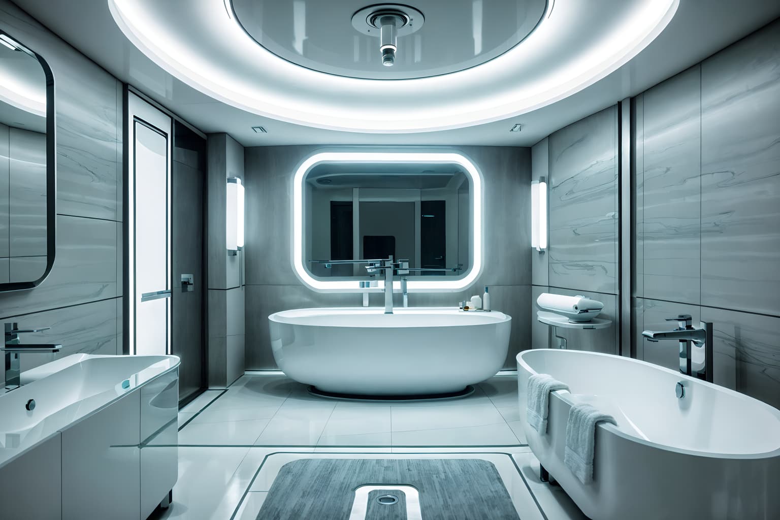 futuristic-style (hotel bathroom interior) with bathtub and bath towel and bathroom cabinet and toilet seat and bathroom sink with faucet and mirror and plant and bath rail. . with futuristic interior and spaceship interior and light colors and steel finishing and circular shapes and monochromatic palette and futurism minimalist interior and smooth polished marble. . cinematic photo, highly detailed, cinematic lighting, ultra-detailed, ultrarealistic, photorealism, 8k. futuristic interior design style. masterpiece, cinematic light, ultrarealistic+, photorealistic+, 8k, raw photo, realistic, sharp focus on eyes, (symmetrical eyes), (intact eyes), hyperrealistic, highest quality, best quality, , highly detailed, masterpiece, best quality, extremely detailed 8k wallpaper, masterpiece, best quality, ultra-detailed, best shadow, detailed background, detailed face, detailed eyes, high contrast, best illumination, detailed face, dulux, caustic, dynamic angle, detailed glow. dramatic lighting. highly detailed, insanely detailed hair, symmetrical, intricate details, professionally retouched, 8k high definition. strong bokeh. award winning photo.