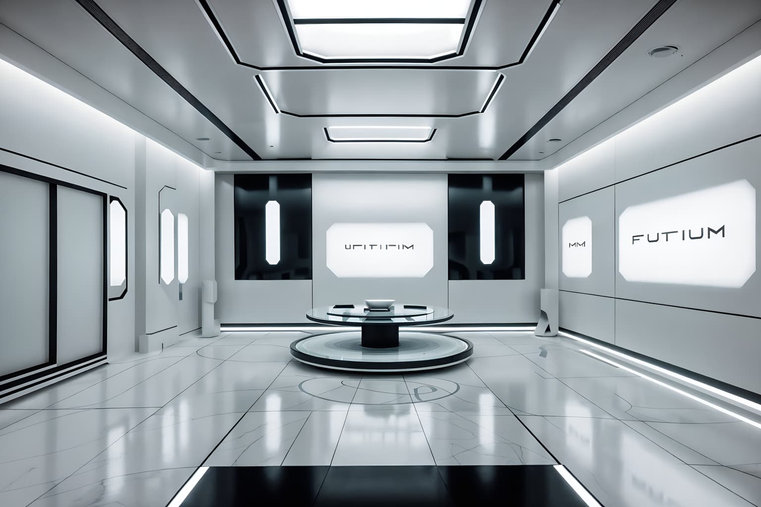 futuristic-style (exhibition space interior) . with smooth marble and minimalist clean lines and smooth polished marble and futurism minimalist interior and light colors and glass panes and futurism and steel finishing. . cinematic photo, highly detailed, cinematic lighting, ultra-detailed, ultrarealistic, photorealism, 8k. futuristic interior design style. masterpiece, cinematic light, ultrarealistic+, photorealistic+, 8k, raw photo, realistic, sharp focus on eyes, (symmetrical eyes), (intact eyes), hyperrealistic, highest quality, best quality, , highly detailed, masterpiece, best quality, extremely detailed 8k wallpaper, masterpiece, best quality, ultra-detailed, best shadow, detailed background, detailed face, detailed eyes, high contrast, best illumination, detailed face, dulux, caustic, dynamic angle, detailed glow. dramatic lighting. highly detailed, insanely detailed hair, symmetrical, intricate details, professionally retouched, 8k high definition. strong bokeh. award winning photo.