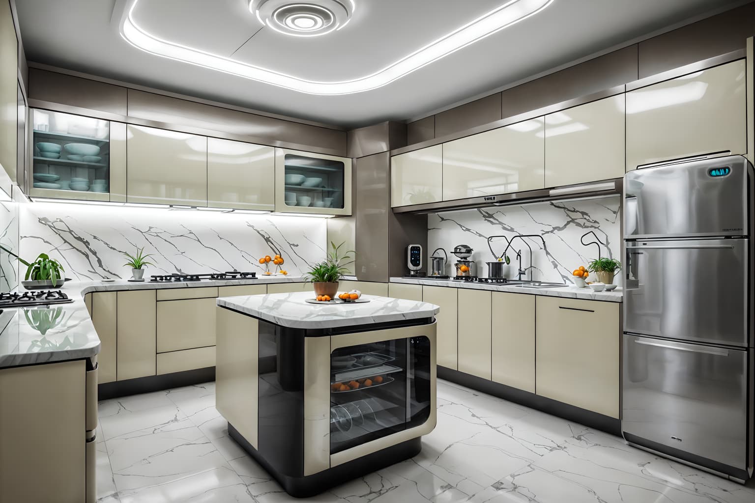 retro futuristic-style (kitchen interior) with plant and kitchen cabinets and worktops and refrigerator and stove and sink and plant. . with futuristic interior and neutral background and bright accents and light colors and smooth polished marble and circular shapes and futurism minimalist interior and glass panes and minimalist clean lines. . cinematic photo, highly detailed, cinematic lighting, ultra-detailed, ultrarealistic, photorealism, 8k. retro futuristic interior design style. masterpiece, cinematic light, ultrarealistic+, photorealistic+, 8k, raw photo, realistic, sharp focus on eyes, (symmetrical eyes), (intact eyes), hyperrealistic, highest quality, best quality, , highly detailed, masterpiece, best quality, extremely detailed 8k wallpaper, masterpiece, best quality, ultra-detailed, best shadow, detailed background, detailed face, detailed eyes, high contrast, best illumination, detailed face, dulux, caustic, dynamic angle, detailed glow. dramatic lighting. highly detailed, insanely detailed hair, symmetrical, intricate details, professionally retouched, 8k high definition. strong bokeh. award winning photo.