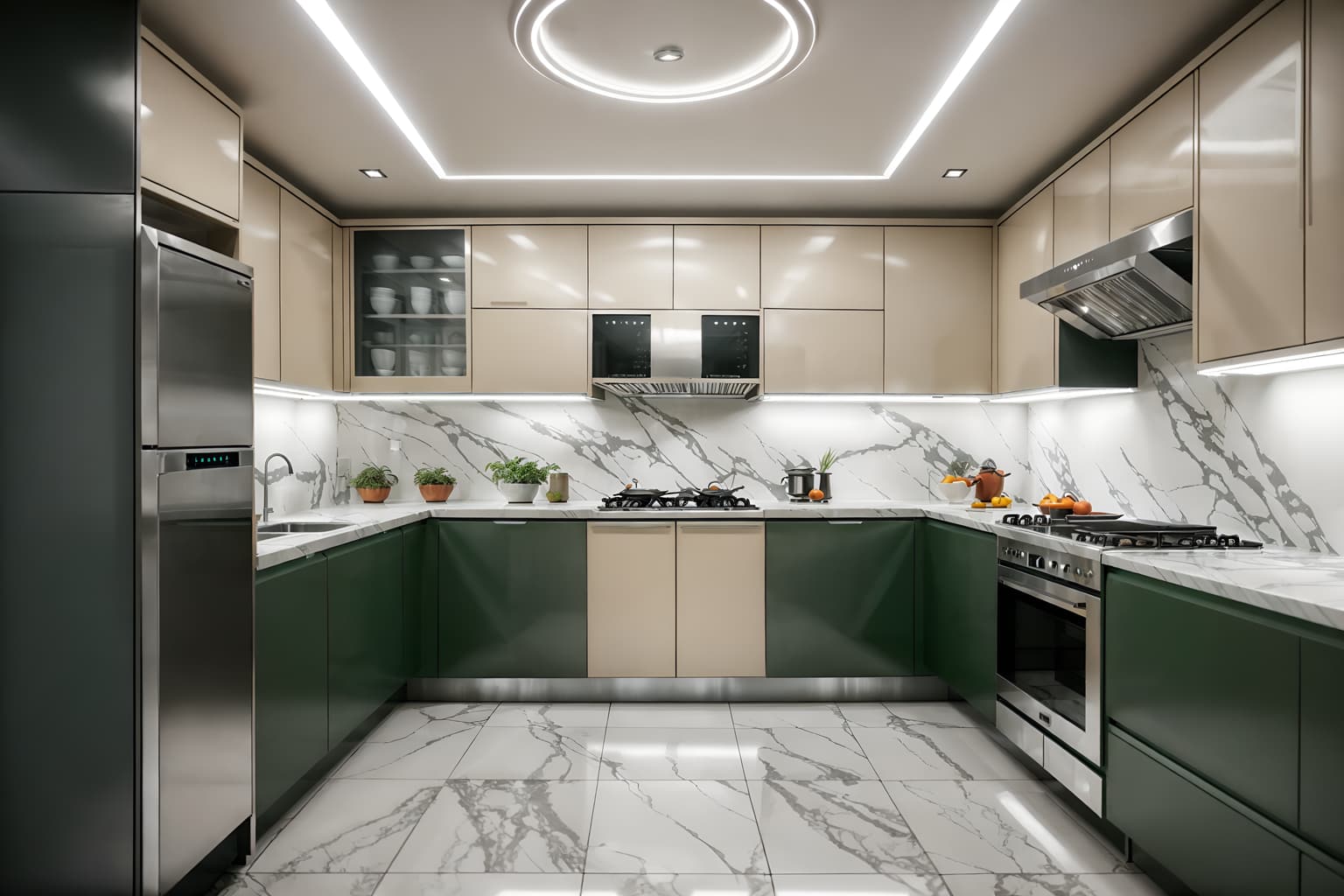 retro futuristic-style (kitchen interior) with plant and kitchen cabinets and worktops and refrigerator and stove and sink and plant. . with futuristic interior and neutral background and bright accents and light colors and smooth polished marble and circular shapes and futurism minimalist interior and glass panes and minimalist clean lines. . cinematic photo, highly detailed, cinematic lighting, ultra-detailed, ultrarealistic, photorealism, 8k. retro futuristic interior design style. masterpiece, cinematic light, ultrarealistic+, photorealistic+, 8k, raw photo, realistic, sharp focus on eyes, (symmetrical eyes), (intact eyes), hyperrealistic, highest quality, best quality, , highly detailed, masterpiece, best quality, extremely detailed 8k wallpaper, masterpiece, best quality, ultra-detailed, best shadow, detailed background, detailed face, detailed eyes, high contrast, best illumination, detailed face, dulux, caustic, dynamic angle, detailed glow. dramatic lighting. highly detailed, insanely detailed hair, symmetrical, intricate details, professionally retouched, 8k high definition. strong bokeh. award winning photo.