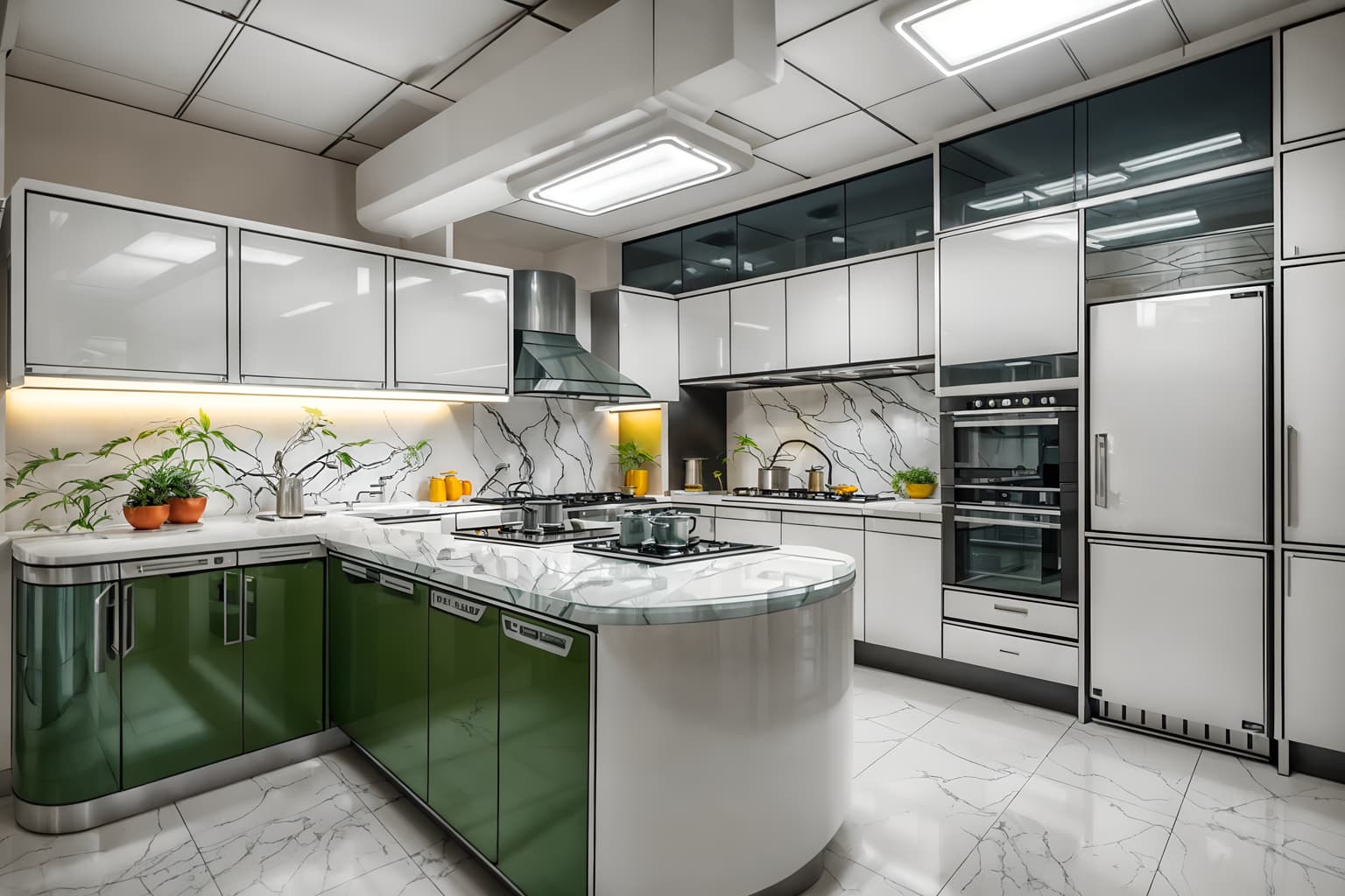 retro futuristic-style (kitchen interior) with plant and kitchen cabinets and worktops and refrigerator and stove and sink and plant. . with futuristic interior and neutral background and bright accents and light colors and smooth polished marble and circular shapes and futurism minimalist interior and glass panes and minimalist clean lines. . cinematic photo, highly detailed, cinematic lighting, ultra-detailed, ultrarealistic, photorealism, 8k. retro futuristic interior design style. masterpiece, cinematic light, ultrarealistic+, photorealistic+, 8k, raw photo, realistic, sharp focus on eyes, (symmetrical eyes), (intact eyes), hyperrealistic, highest quality, best quality, , highly detailed, masterpiece, best quality, extremely detailed 8k wallpaper, masterpiece, best quality, ultra-detailed, best shadow, detailed background, detailed face, detailed eyes, high contrast, best illumination, detailed face, dulux, caustic, dynamic angle, detailed glow. dramatic lighting. highly detailed, insanely detailed hair, symmetrical, intricate details, professionally retouched, 8k high definition. strong bokeh. award winning photo.