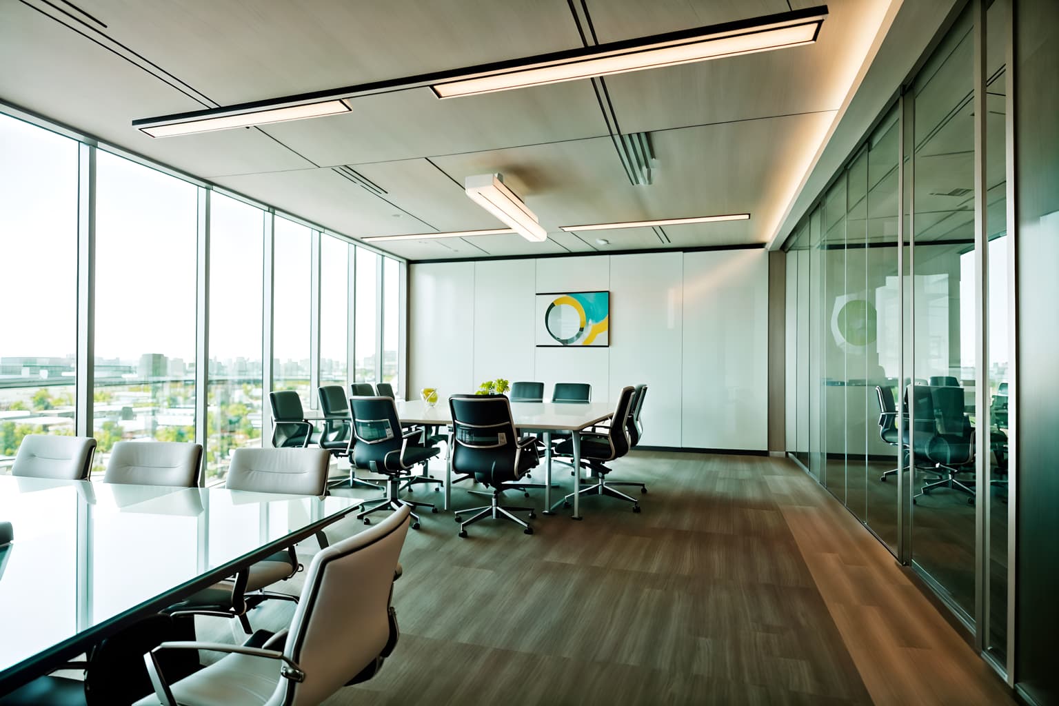 retro futuristic-style (meeting room interior) with glass doors and glass walls and boardroom table and plant and cabinets and painting or photo on wall and vase and office chairs. . with neutral background and bright accents and futuristic interior and floating surfaces and minimalist clean lines and light colors and smooth marble and steel finishing and smooth polished marble. . cinematic photo, highly detailed, cinematic lighting, ultra-detailed, ultrarealistic, photorealism, 8k. retro futuristic interior design style. masterpiece, cinematic light, ultrarealistic+, photorealistic+, 8k, raw photo, realistic, sharp focus on eyes, (symmetrical eyes), (intact eyes), hyperrealistic, highest quality, best quality, , highly detailed, masterpiece, best quality, extremely detailed 8k wallpaper, masterpiece, best quality, ultra-detailed, best shadow, detailed background, detailed face, detailed eyes, high contrast, best illumination, detailed face, dulux, caustic, dynamic angle, detailed glow. dramatic lighting. highly detailed, insanely detailed hair, symmetrical, intricate details, professionally retouched, 8k high definition. strong bokeh. award winning photo.