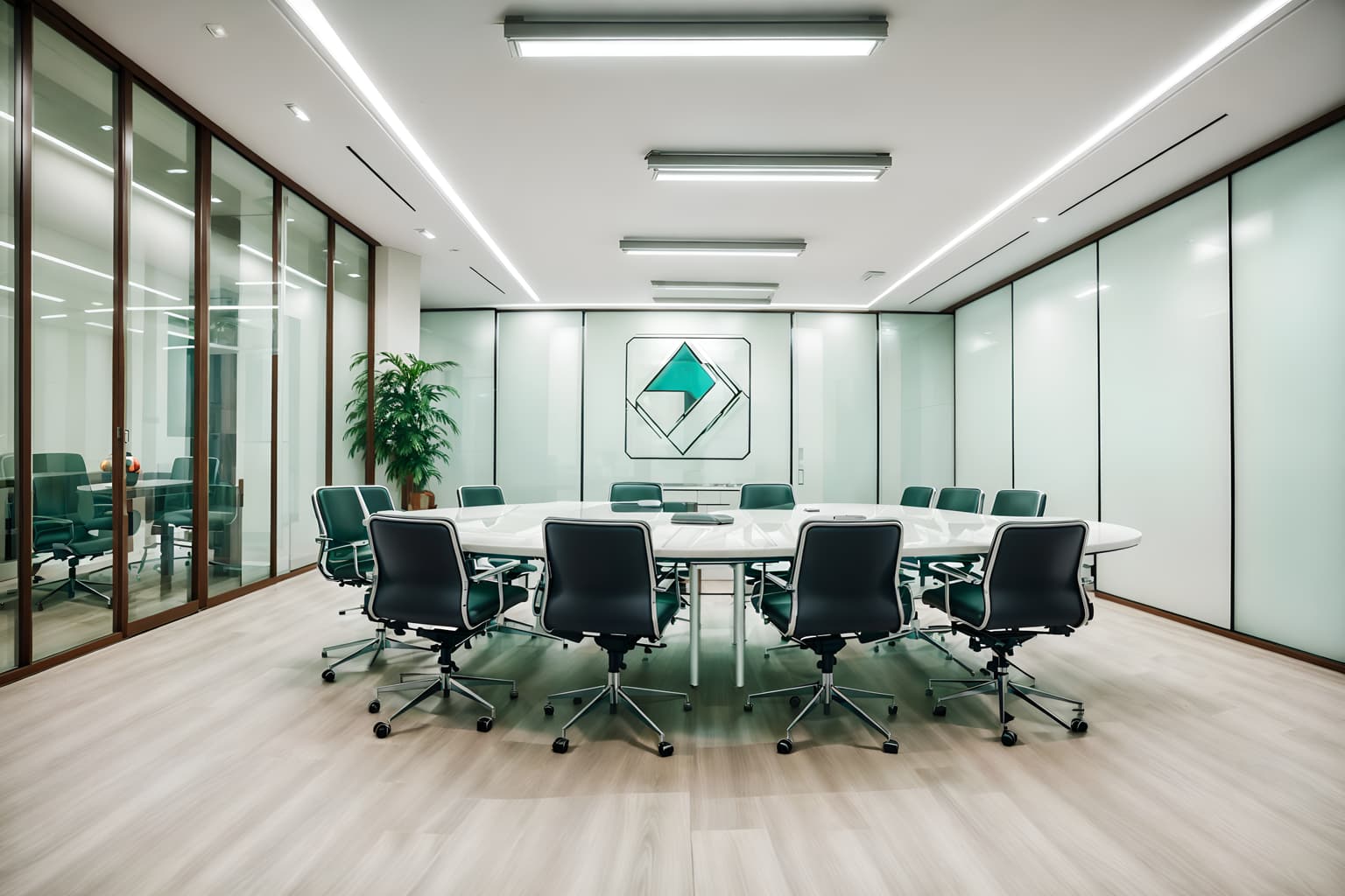 retro futuristic-style (meeting room interior) with glass doors and glass walls and boardroom table and plant and cabinets and painting or photo on wall and vase and office chairs. . with neutral background and bright accents and futuristic interior and floating surfaces and minimalist clean lines and light colors and smooth marble and steel finishing and smooth polished marble. . cinematic photo, highly detailed, cinematic lighting, ultra-detailed, ultrarealistic, photorealism, 8k. retro futuristic interior design style. masterpiece, cinematic light, ultrarealistic+, photorealistic+, 8k, raw photo, realistic, sharp focus on eyes, (symmetrical eyes), (intact eyes), hyperrealistic, highest quality, best quality, , highly detailed, masterpiece, best quality, extremely detailed 8k wallpaper, masterpiece, best quality, ultra-detailed, best shadow, detailed background, detailed face, detailed eyes, high contrast, best illumination, detailed face, dulux, caustic, dynamic angle, detailed glow. dramatic lighting. highly detailed, insanely detailed hair, symmetrical, intricate details, professionally retouched, 8k high definition. strong bokeh. award winning photo.