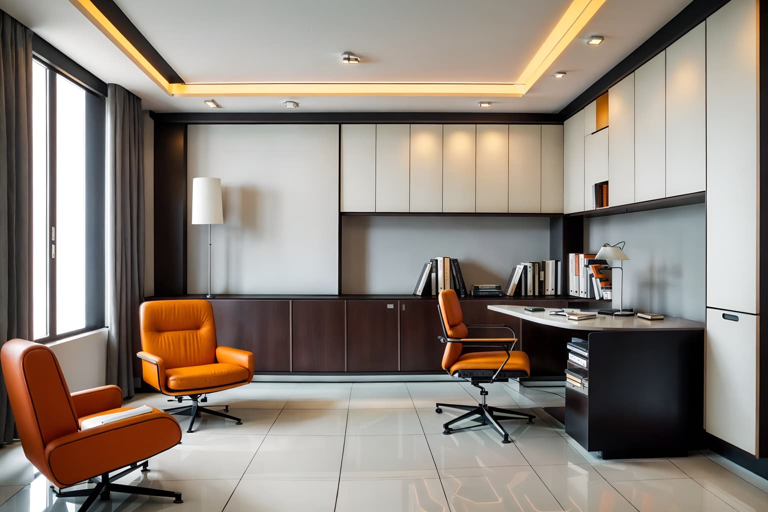retro futuristic-style (study room interior) with cabinets and lounge chair and office chair and bookshelves and plant and writing desk and desk lamp and cabinets. . with futuristic interior and monochromatic palette and neutral background and bright accents and minimalist clean lines and strong geometric walls and smooth polished marble and circular shapes and steel finishing. . cinematic photo, highly detailed, cinematic lighting, ultra-detailed, ultrarealistic, photorealism, 8k. retro futuristic interior design style. masterpiece, cinematic light, ultrarealistic+, photorealistic+, 8k, raw photo, realistic, sharp focus on eyes, (symmetrical eyes), (intact eyes), hyperrealistic, highest quality, best quality, , highly detailed, masterpiece, best quality, extremely detailed 8k wallpaper, masterpiece, best quality, ultra-detailed, best shadow, detailed background, detailed face, detailed eyes, high contrast, best illumination, detailed face, dulux, caustic, dynamic angle, detailed glow. dramatic lighting. highly detailed, insanely detailed hair, symmetrical, intricate details, professionally retouched, 8k high definition. strong bokeh. award winning photo.