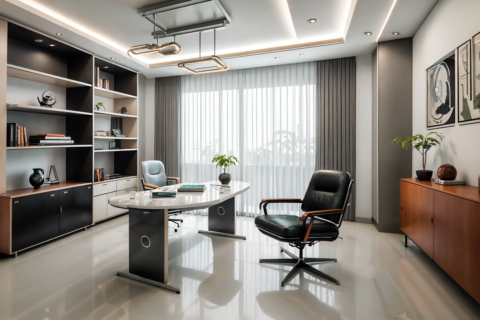 retro futuristic-style (study room interior) with cabinets and lounge chair and office chair and bookshelves and plant and writing desk and desk lamp and cabinets. . with futuristic interior and monochromatic palette and neutral background and bright accents and minimalist clean lines and strong geometric walls and smooth polished marble and circular shapes and steel finishing. . cinematic photo, highly detailed, cinematic lighting, ultra-detailed, ultrarealistic, photorealism, 8k. retro futuristic interior design style. masterpiece, cinematic light, ultrarealistic+, photorealistic+, 8k, raw photo, realistic, sharp focus on eyes, (symmetrical eyes), (intact eyes), hyperrealistic, highest quality, best quality, , highly detailed, masterpiece, best quality, extremely detailed 8k wallpaper, masterpiece, best quality, ultra-detailed, best shadow, detailed background, detailed face, detailed eyes, high contrast, best illumination, detailed face, dulux, caustic, dynamic angle, detailed glow. dramatic lighting. highly detailed, insanely detailed hair, symmetrical, intricate details, professionally retouched, 8k high definition. strong bokeh. award winning photo.