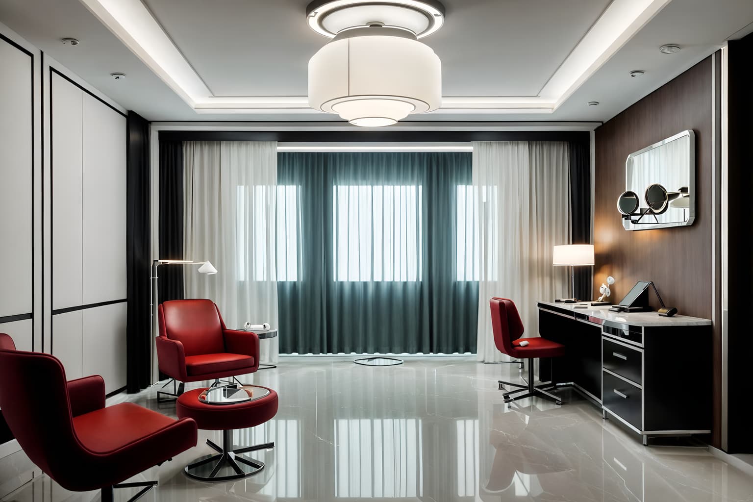 retro futuristic-style (hotel room interior) with bed and working desk with desk chair and hotel bathroom and plant and dresser closet and storage bench or ottoman and night light and mirror. . with futuristic interior and smooth polished marble and minimalist clean lines and strong geometric walls and floating surfaces and circular shapes and monochromatic palette and steel finishing. . cinematic photo, highly detailed, cinematic lighting, ultra-detailed, ultrarealistic, photorealism, 8k. retro futuristic interior design style. masterpiece, cinematic light, ultrarealistic+, photorealistic+, 8k, raw photo, realistic, sharp focus on eyes, (symmetrical eyes), (intact eyes), hyperrealistic, highest quality, best quality, , highly detailed, masterpiece, best quality, extremely detailed 8k wallpaper, masterpiece, best quality, ultra-detailed, best shadow, detailed background, detailed face, detailed eyes, high contrast, best illumination, detailed face, dulux, caustic, dynamic angle, detailed glow. dramatic lighting. highly detailed, insanely detailed hair, symmetrical, intricate details, professionally retouched, 8k high definition. strong bokeh. award winning photo.