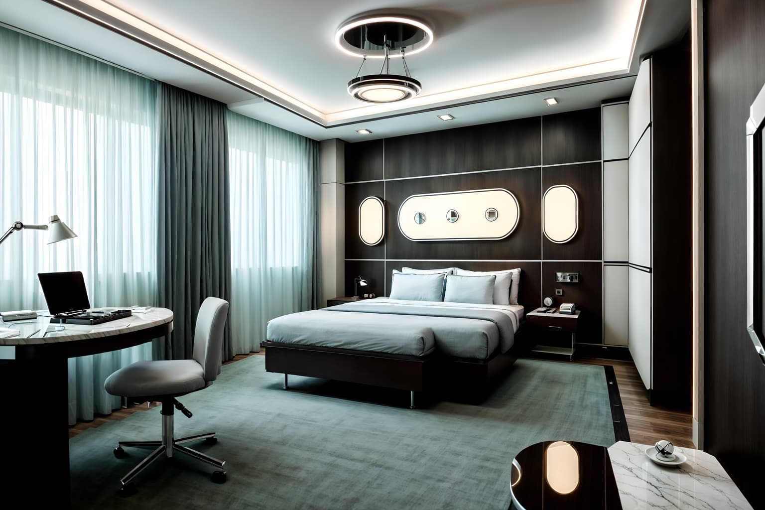 retro futuristic-style (hotel room interior) with bed and working desk with desk chair and hotel bathroom and plant and dresser closet and storage bench or ottoman and night light and mirror. . with futuristic interior and smooth polished marble and minimalist clean lines and strong geometric walls and floating surfaces and circular shapes and monochromatic palette and steel finishing. . cinematic photo, highly detailed, cinematic lighting, ultra-detailed, ultrarealistic, photorealism, 8k. retro futuristic interior design style. masterpiece, cinematic light, ultrarealistic+, photorealistic+, 8k, raw photo, realistic, sharp focus on eyes, (symmetrical eyes), (intact eyes), hyperrealistic, highest quality, best quality, , highly detailed, masterpiece, best quality, extremely detailed 8k wallpaper, masterpiece, best quality, ultra-detailed, best shadow, detailed background, detailed face, detailed eyes, high contrast, best illumination, detailed face, dulux, caustic, dynamic angle, detailed glow. dramatic lighting. highly detailed, insanely detailed hair, symmetrical, intricate details, professionally retouched, 8k high definition. strong bokeh. award winning photo.