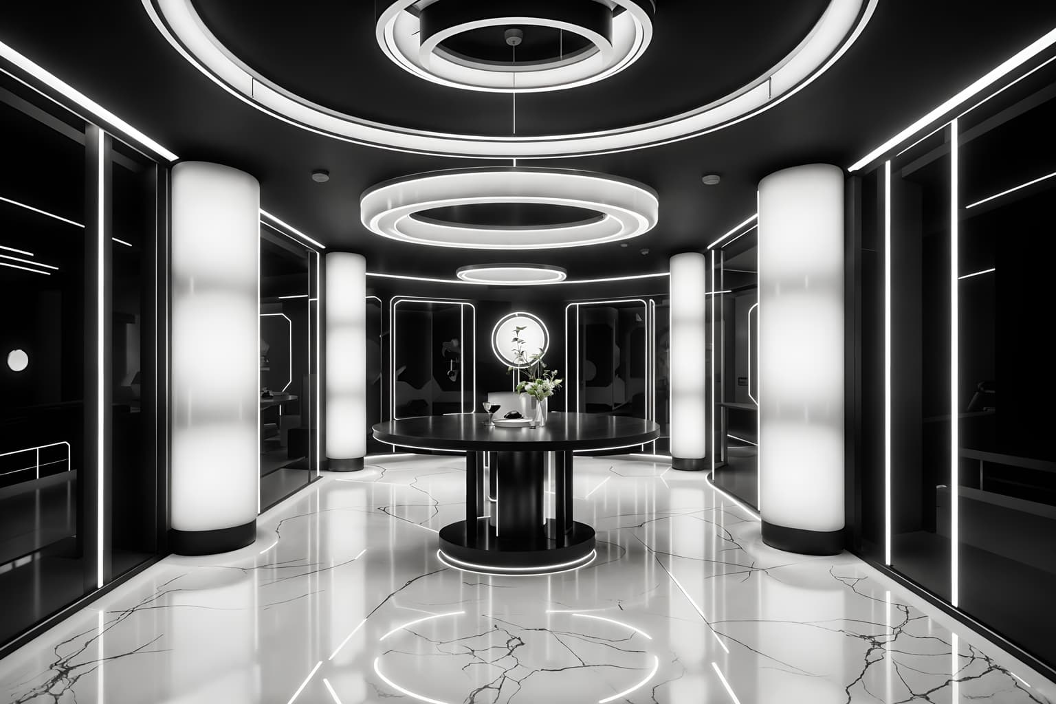 retro futuristic-style (clothing store interior) . with smooth marble and monochromatic palette and floating surfaces and circular shapes and steel finishing and minimalist clean lines and futuristic interior and light colors. . cinematic photo, highly detailed, cinematic lighting, ultra-detailed, ultrarealistic, photorealism, 8k. retro futuristic interior design style. masterpiece, cinematic light, ultrarealistic+, photorealistic+, 8k, raw photo, realistic, sharp focus on eyes, (symmetrical eyes), (intact eyes), hyperrealistic, highest quality, best quality, , highly detailed, masterpiece, best quality, extremely detailed 8k wallpaper, masterpiece, best quality, ultra-detailed, best shadow, detailed background, detailed face, detailed eyes, high contrast, best illumination, detailed face, dulux, caustic, dynamic angle, detailed glow. dramatic lighting. highly detailed, insanely detailed hair, symmetrical, intricate details, professionally retouched, 8k high definition. strong bokeh. award winning photo.