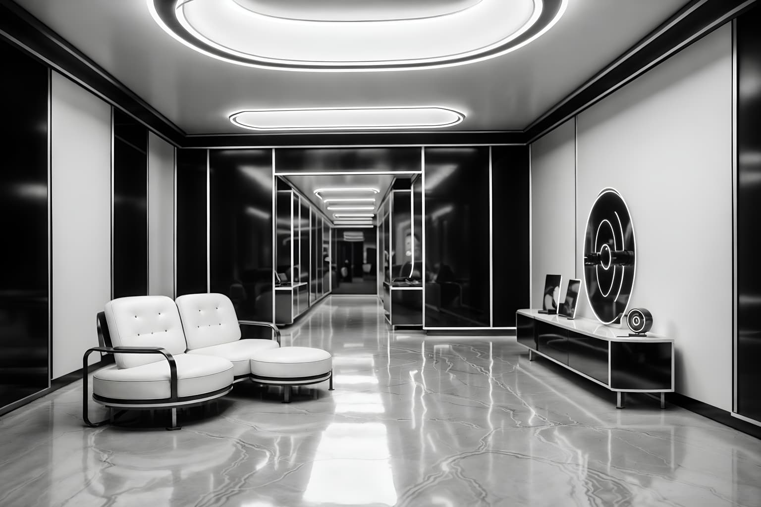 retro futuristic-style (clothing store interior) . with smooth marble and monochromatic palette and floating surfaces and circular shapes and steel finishing and minimalist clean lines and futuristic interior and light colors. . cinematic photo, highly detailed, cinematic lighting, ultra-detailed, ultrarealistic, photorealism, 8k. retro futuristic interior design style. masterpiece, cinematic light, ultrarealistic+, photorealistic+, 8k, raw photo, realistic, sharp focus on eyes, (symmetrical eyes), (intact eyes), hyperrealistic, highest quality, best quality, , highly detailed, masterpiece, best quality, extremely detailed 8k wallpaper, masterpiece, best quality, ultra-detailed, best shadow, detailed background, detailed face, detailed eyes, high contrast, best illumination, detailed face, dulux, caustic, dynamic angle, detailed glow. dramatic lighting. highly detailed, insanely detailed hair, symmetrical, intricate details, professionally retouched, 8k high definition. strong bokeh. award winning photo.