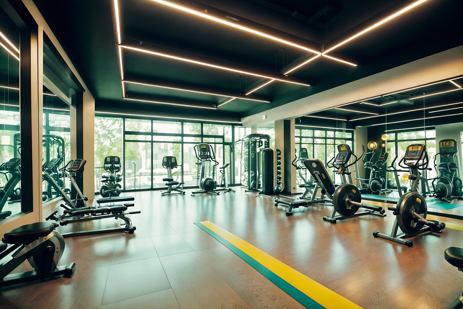 retro futuristic-style (fitness gym interior) with exercise bicycle and crosstrainer and squat rack and dumbbell stand and bench press and exercise bicycle. . with light colors and vintage futurism and glass panes and futuristic interior and futurism minimalist interior and neutral background and bright accents and circular shapes and smooth polished marble. . cinematic photo, highly detailed, cinematic lighting, ultra-detailed, ultrarealistic, photorealism, 8k. retro futuristic interior design style. masterpiece, cinematic light, ultrarealistic+, photorealistic+, 8k, raw photo, realistic, sharp focus on eyes, (symmetrical eyes), (intact eyes), hyperrealistic, highest quality, best quality, , highly detailed, masterpiece, best quality, extremely detailed 8k wallpaper, masterpiece, best quality, ultra-detailed, best shadow, detailed background, detailed face, detailed eyes, high contrast, best illumination, detailed face, dulux, caustic, dynamic angle, detailed glow. dramatic lighting. highly detailed, insanely detailed hair, symmetrical, intricate details, professionally retouched, 8k high definition. strong bokeh. award winning photo.