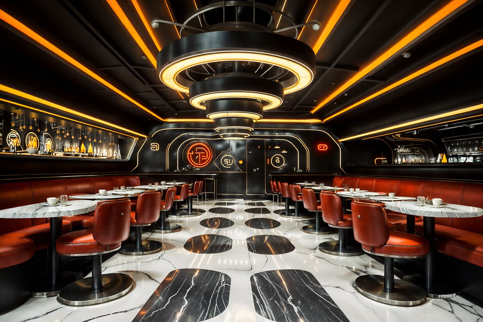 retro futuristic-style (restaurant interior) with restaurant decor and restaurant bar and restaurant dining tables and restaurant chairs and restaurant decor. . with steel finishing and vintage futurism and strong geometric walls and smooth marble and circular shapes and smooth polished marble and floating surfaces and futuristic interior. . cinematic photo, highly detailed, cinematic lighting, ultra-detailed, ultrarealistic, photorealism, 8k. retro futuristic interior design style. masterpiece, cinematic light, ultrarealistic+, photorealistic+, 8k, raw photo, realistic, sharp focus on eyes, (symmetrical eyes), (intact eyes), hyperrealistic, highest quality, best quality, , highly detailed, masterpiece, best quality, extremely detailed 8k wallpaper, masterpiece, best quality, ultra-detailed, best shadow, detailed background, detailed face, detailed eyes, high contrast, best illumination, detailed face, dulux, caustic, dynamic angle, detailed glow. dramatic lighting. highly detailed, insanely detailed hair, symmetrical, intricate details, professionally retouched, 8k high definition. strong bokeh. award winning photo.