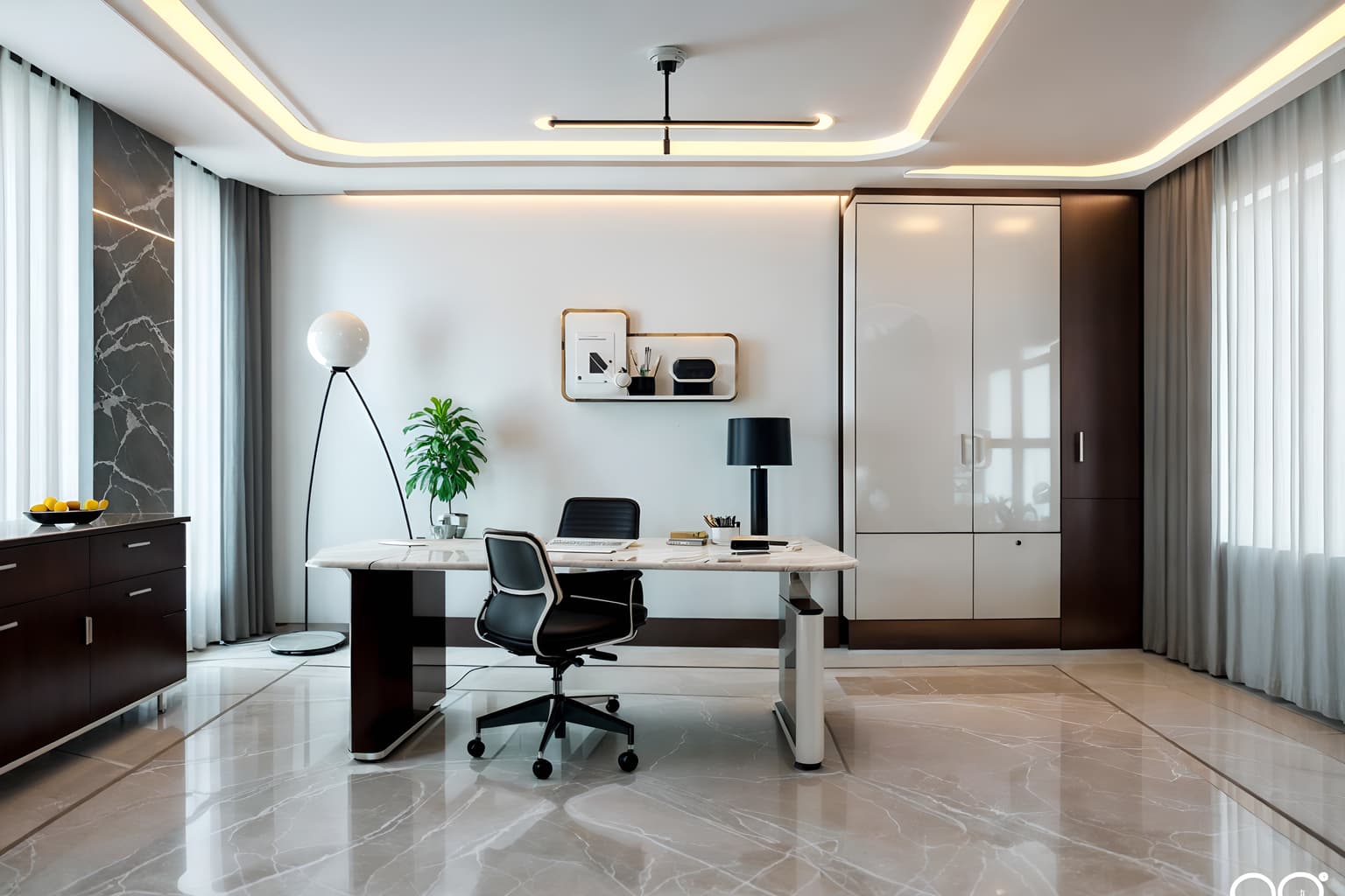 retro futuristic-style (home office interior) with desk lamp and computer desk and cabinets and plant and office chair and desk lamp. . with circular shapes and monochromatic palette and smooth marble and smooth polished marble and futuristic interior and neutral background and bright accents and minimalist clean lines and glass panes. . cinematic photo, highly detailed, cinematic lighting, ultra-detailed, ultrarealistic, photorealism, 8k. retro futuristic interior design style. masterpiece, cinematic light, ultrarealistic+, photorealistic+, 8k, raw photo, realistic, sharp focus on eyes, (symmetrical eyes), (intact eyes), hyperrealistic, highest quality, best quality, , highly detailed, masterpiece, best quality, extremely detailed 8k wallpaper, masterpiece, best quality, ultra-detailed, best shadow, detailed background, detailed face, detailed eyes, high contrast, best illumination, detailed face, dulux, caustic, dynamic angle, detailed glow. dramatic lighting. highly detailed, insanely detailed hair, symmetrical, intricate details, professionally retouched, 8k high definition. strong bokeh. award winning photo.