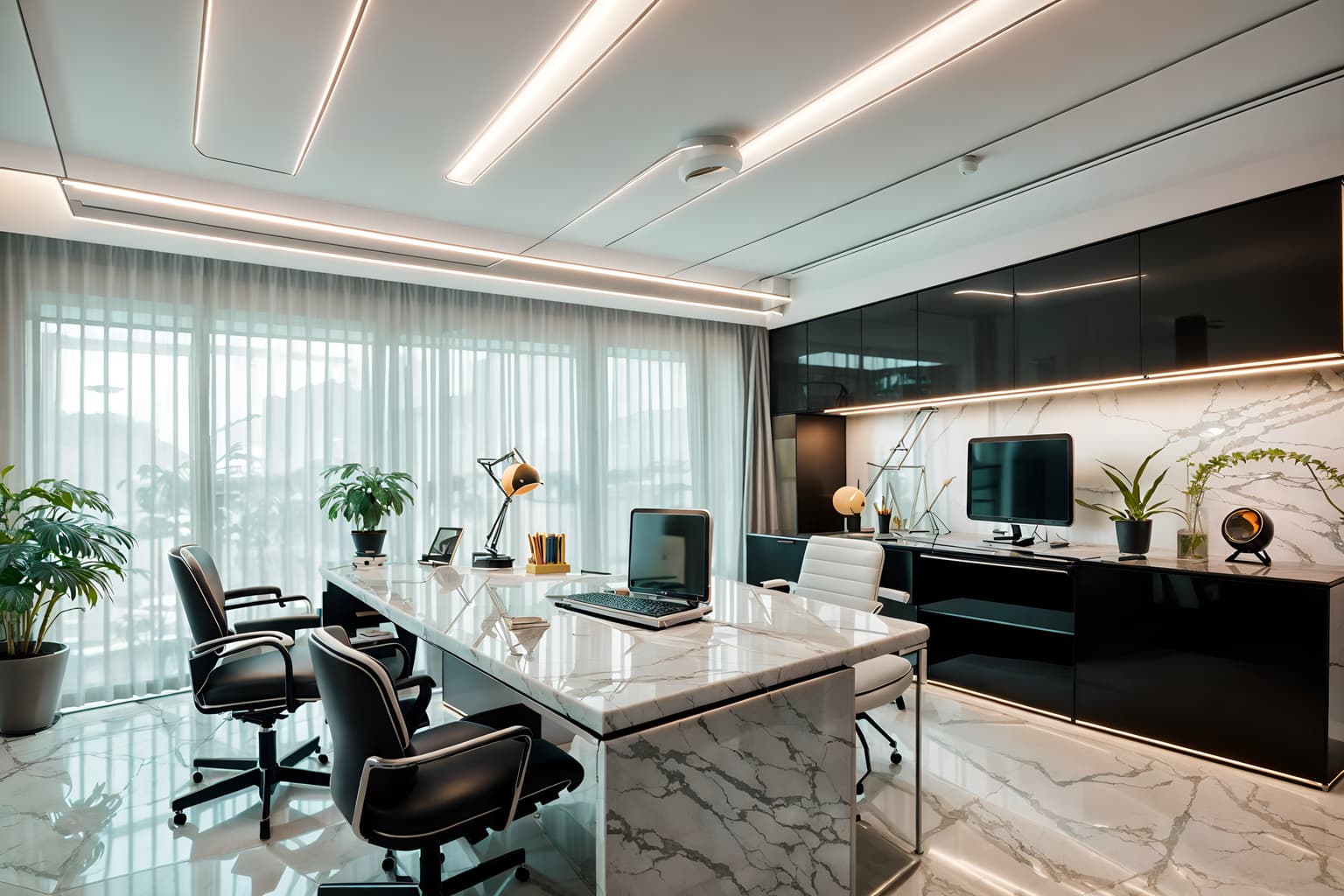 retro futuristic-style (home office interior) with desk lamp and computer desk and cabinets and plant and office chair and desk lamp. . with circular shapes and monochromatic palette and smooth marble and smooth polished marble and futuristic interior and neutral background and bright accents and minimalist clean lines and glass panes. . cinematic photo, highly detailed, cinematic lighting, ultra-detailed, ultrarealistic, photorealism, 8k. retro futuristic interior design style. masterpiece, cinematic light, ultrarealistic+, photorealistic+, 8k, raw photo, realistic, sharp focus on eyes, (symmetrical eyes), (intact eyes), hyperrealistic, highest quality, best quality, , highly detailed, masterpiece, best quality, extremely detailed 8k wallpaper, masterpiece, best quality, ultra-detailed, best shadow, detailed background, detailed face, detailed eyes, high contrast, best illumination, detailed face, dulux, caustic, dynamic angle, detailed glow. dramatic lighting. highly detailed, insanely detailed hair, symmetrical, intricate details, professionally retouched, 8k high definition. strong bokeh. award winning photo.