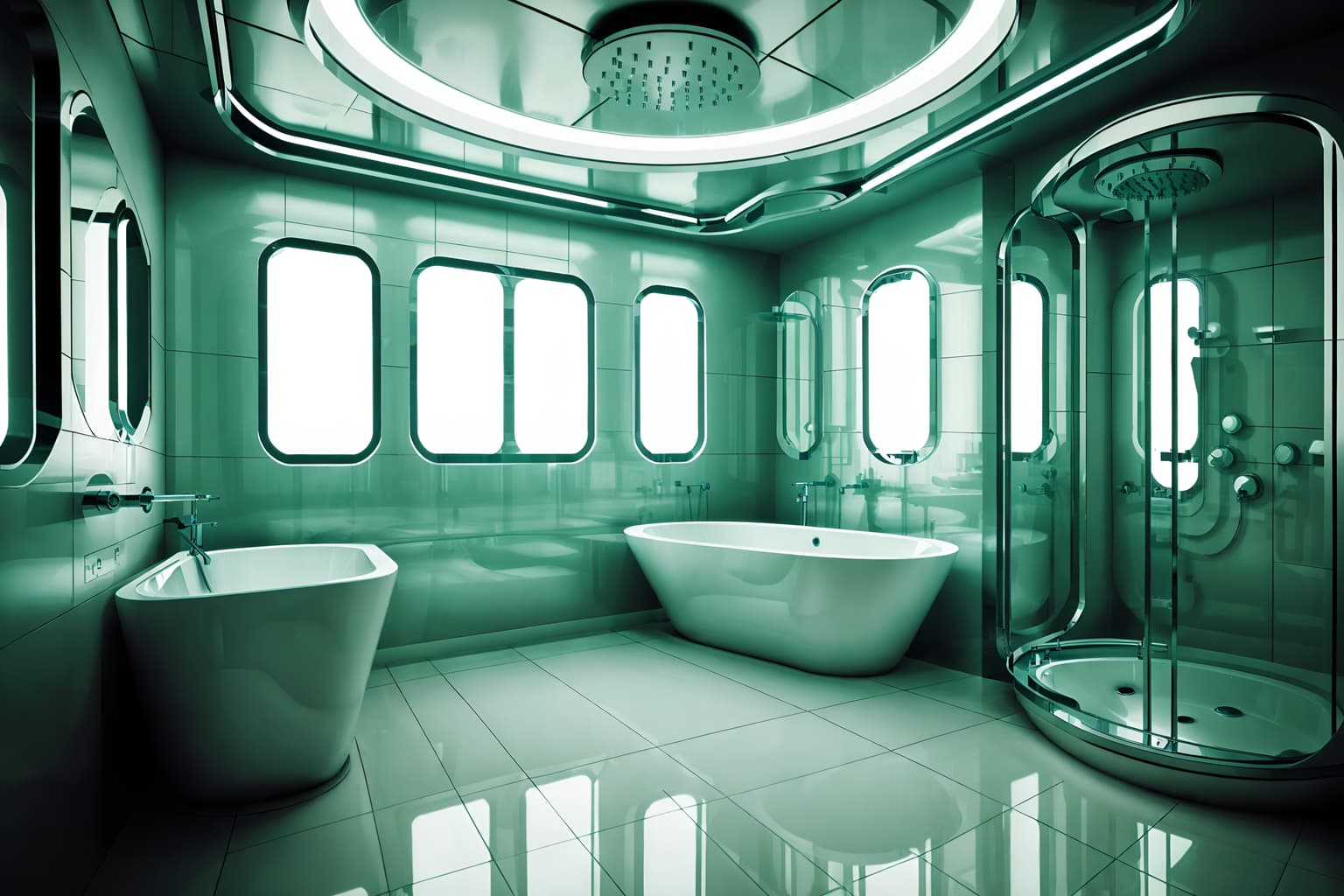 retro futuristic-style (bathroom interior) with mirror and shower and bathroom sink with faucet and waste basket and bath towel and bathtub and bath rail and bathroom cabinet. . with circular shapes and steel finishing and glass panes and light colors and futuristic interior and floating surfaces and futurism minimalist interior and strong geometric walls. . cinematic photo, highly detailed, cinematic lighting, ultra-detailed, ultrarealistic, photorealism, 8k. retro futuristic interior design style. masterpiece, cinematic light, ultrarealistic+, photorealistic+, 8k, raw photo, realistic, sharp focus on eyes, (symmetrical eyes), (intact eyes), hyperrealistic, highest quality, best quality, , highly detailed, masterpiece, best quality, extremely detailed 8k wallpaper, masterpiece, best quality, ultra-detailed, best shadow, detailed background, detailed face, detailed eyes, high contrast, best illumination, detailed face, dulux, caustic, dynamic angle, detailed glow. dramatic lighting. highly detailed, insanely detailed hair, symmetrical, intricate details, professionally retouched, 8k high definition. strong bokeh. award winning photo.
