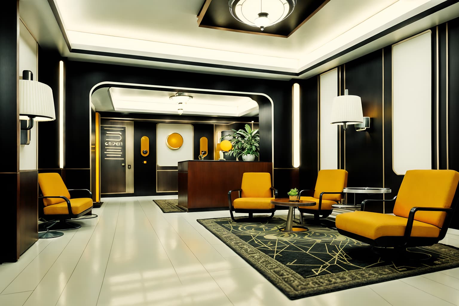 retro futuristic-style (hotel lobby interior) with lounge chairs and rug and hanging lamps and sofas and coffee tables and furniture and plant and check in desk. . with futurism minimalist interior and monochromatic palette and neutral background and bright accents and floating surfaces and steel finishing and vintage futurism and circular shapes and strong geometric walls. . cinematic photo, highly detailed, cinematic lighting, ultra-detailed, ultrarealistic, photorealism, 8k. retro futuristic interior design style. masterpiece, cinematic light, ultrarealistic+, photorealistic+, 8k, raw photo, realistic, sharp focus on eyes, (symmetrical eyes), (intact eyes), hyperrealistic, highest quality, best quality, , highly detailed, masterpiece, best quality, extremely detailed 8k wallpaper, masterpiece, best quality, ultra-detailed, best shadow, detailed background, detailed face, detailed eyes, high contrast, best illumination, detailed face, dulux, caustic, dynamic angle, detailed glow. dramatic lighting. highly detailed, insanely detailed hair, symmetrical, intricate details, professionally retouched, 8k high definition. strong bokeh. award winning photo.