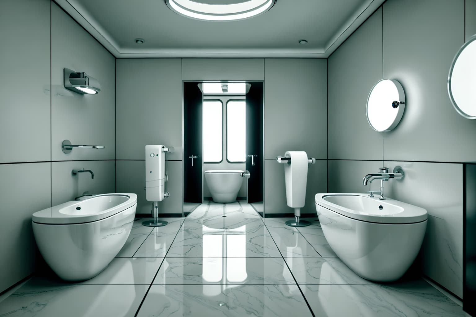 retro futuristic-style (toilet interior) with toilet paper hanger and sink with tap and toilet with toilet seat up and toilet paper hanger. . with glass panes and futurism minimalist interior and circular shapes and minimalist clean lines and floating surfaces and steel finishing and monochromatic palette and smooth polished marble. . cinematic photo, highly detailed, cinematic lighting, ultra-detailed, ultrarealistic, photorealism, 8k. retro futuristic interior design style. masterpiece, cinematic light, ultrarealistic+, photorealistic+, 8k, raw photo, realistic, sharp focus on eyes, (symmetrical eyes), (intact eyes), hyperrealistic, highest quality, best quality, , highly detailed, masterpiece, best quality, extremely detailed 8k wallpaper, masterpiece, best quality, ultra-detailed, best shadow, detailed background, detailed face, detailed eyes, high contrast, best illumination, detailed face, dulux, caustic, dynamic angle, detailed glow. dramatic lighting. highly detailed, insanely detailed hair, symmetrical, intricate details, professionally retouched, 8k high definition. strong bokeh. award winning photo.
