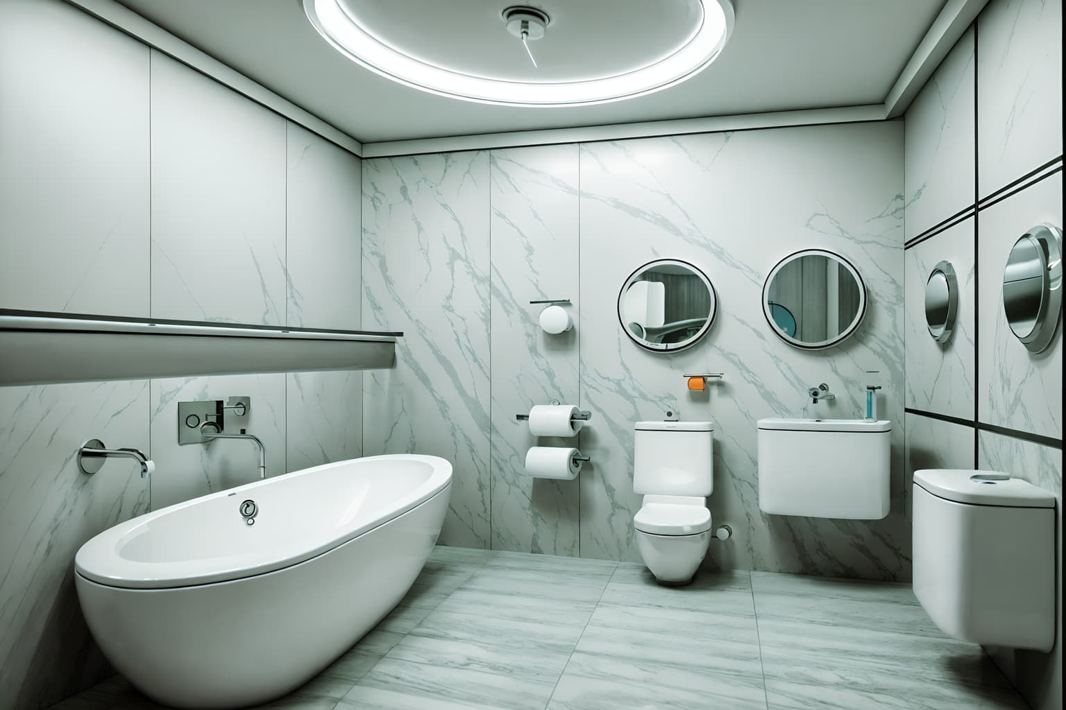retro futuristic-style (toilet interior) with toilet paper hanger and sink with tap and toilet with toilet seat up and toilet paper hanger. . with glass panes and futurism minimalist interior and circular shapes and minimalist clean lines and floating surfaces and steel finishing and monochromatic palette and smooth polished marble. . cinematic photo, highly detailed, cinematic lighting, ultra-detailed, ultrarealistic, photorealism, 8k. retro futuristic interior design style. masterpiece, cinematic light, ultrarealistic+, photorealistic+, 8k, raw photo, realistic, sharp focus on eyes, (symmetrical eyes), (intact eyes), hyperrealistic, highest quality, best quality, , highly detailed, masterpiece, best quality, extremely detailed 8k wallpaper, masterpiece, best quality, ultra-detailed, best shadow, detailed background, detailed face, detailed eyes, high contrast, best illumination, detailed face, dulux, caustic, dynamic angle, detailed glow. dramatic lighting. highly detailed, insanely detailed hair, symmetrical, intricate details, professionally retouched, 8k high definition. strong bokeh. award winning photo.