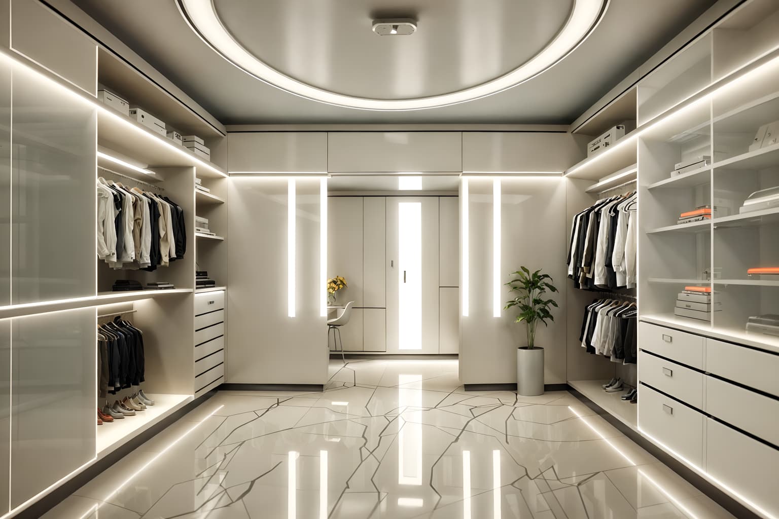 retro futuristic-style (walk in closet interior) . with vintage futurism and neutral background and bright accents and smooth polished marble and futuristic interior and light colors and glass panes and minimalist clean lines and strong geometric walls. . cinematic photo, highly detailed, cinematic lighting, ultra-detailed, ultrarealistic, photorealism, 8k. retro futuristic interior design style. masterpiece, cinematic light, ultrarealistic+, photorealistic+, 8k, raw photo, realistic, sharp focus on eyes, (symmetrical eyes), (intact eyes), hyperrealistic, highest quality, best quality, , highly detailed, masterpiece, best quality, extremely detailed 8k wallpaper, masterpiece, best quality, ultra-detailed, best shadow, detailed background, detailed face, detailed eyes, high contrast, best illumination, detailed face, dulux, caustic, dynamic angle, detailed glow. dramatic lighting. highly detailed, insanely detailed hair, symmetrical, intricate details, professionally retouched, 8k high definition. strong bokeh. award winning photo.