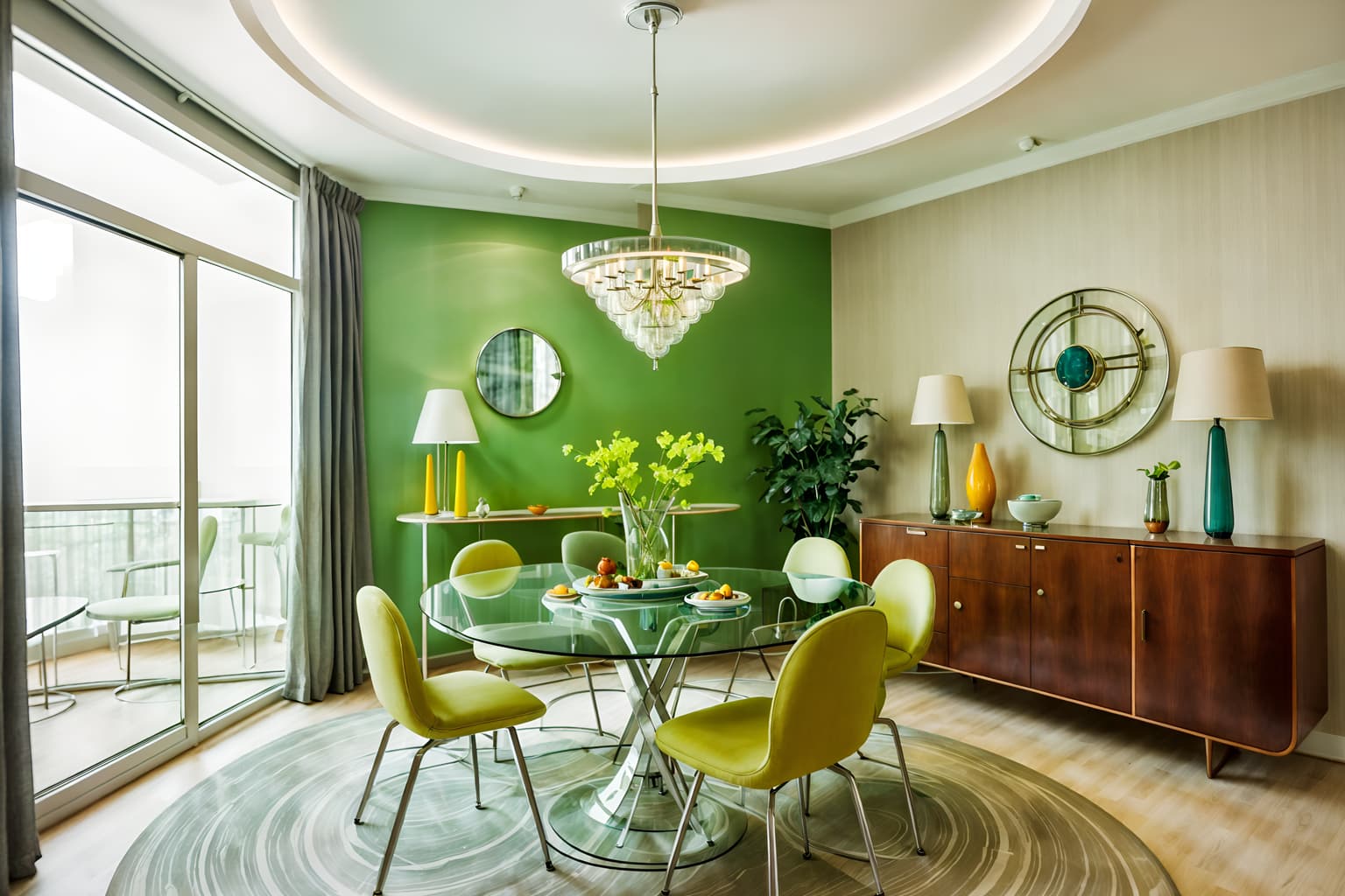 retro futuristic-style (dining room interior) with light or chandelier and table cloth and painting or photo on wall and vase and bookshelves and dining table chairs and plant and dining table. . with circular shapes and glass panes and smooth polished marble and neutral background and bright accents and light colors and vintage futurism and floating surfaces and minimalist clean lines. . cinematic photo, highly detailed, cinematic lighting, ultra-detailed, ultrarealistic, photorealism, 8k. retro futuristic interior design style. masterpiece, cinematic light, ultrarealistic+, photorealistic+, 8k, raw photo, realistic, sharp focus on eyes, (symmetrical eyes), (intact eyes), hyperrealistic, highest quality, best quality, , highly detailed, masterpiece, best quality, extremely detailed 8k wallpaper, masterpiece, best quality, ultra-detailed, best shadow, detailed background, detailed face, detailed eyes, high contrast, best illumination, detailed face, dulux, caustic, dynamic angle, detailed glow. dramatic lighting. highly detailed, insanely detailed hair, symmetrical, intricate details, professionally retouched, 8k high definition. strong bokeh. award winning photo.
