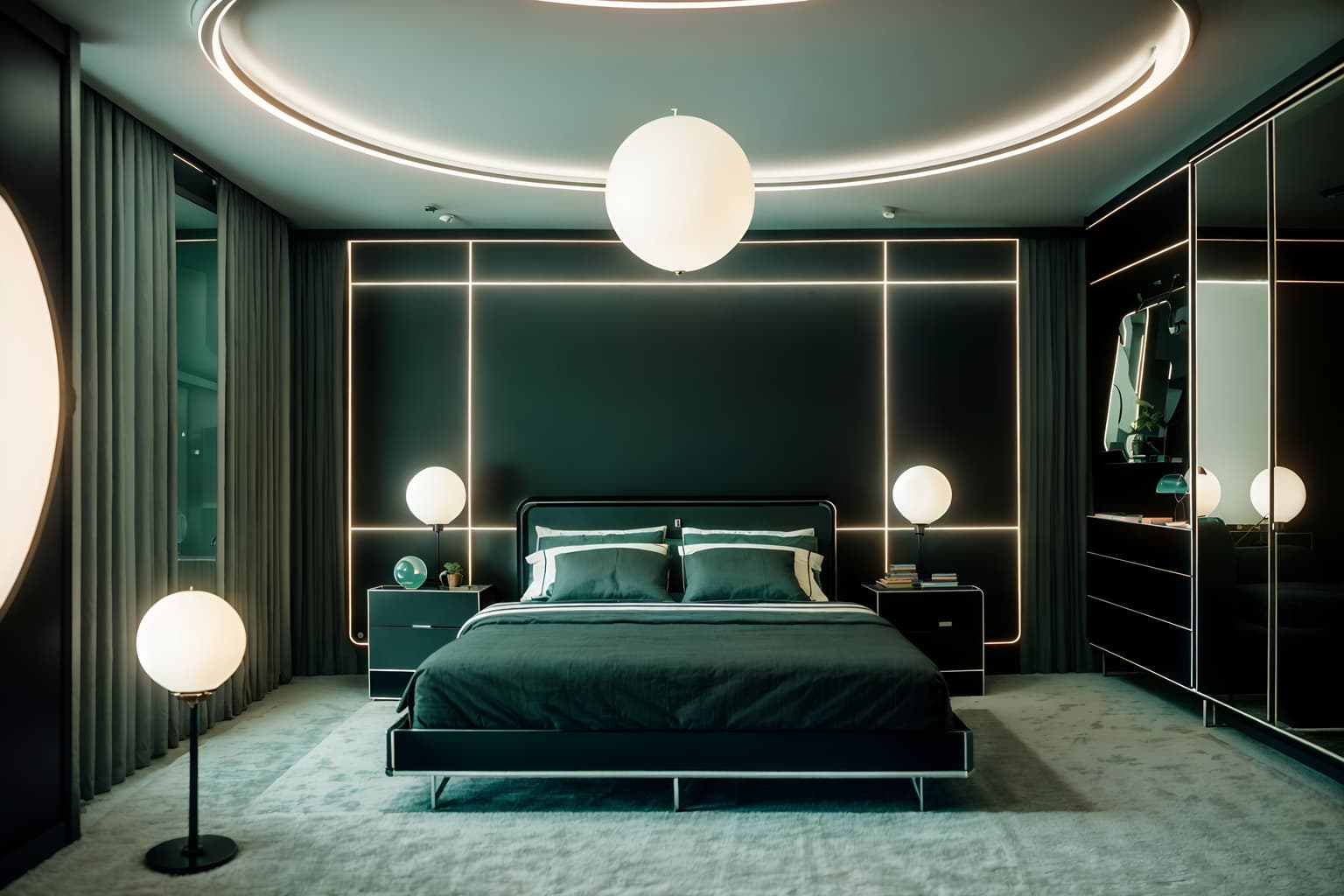 retro futuristic-style (bedroom interior) with night light and mirror and bed and dresser closet and storage bench or ottoman and headboard and accent chair and plant. . with glass panes and vintage futurism and circular shapes and steel finishing and minimalist clean lines and monochromatic palette and light colors and strong geometric walls. . cinematic photo, highly detailed, cinematic lighting, ultra-detailed, ultrarealistic, photorealism, 8k. retro futuristic interior design style. masterpiece, cinematic light, ultrarealistic+, photorealistic+, 8k, raw photo, realistic, sharp focus on eyes, (symmetrical eyes), (intact eyes), hyperrealistic, highest quality, best quality, , highly detailed, masterpiece, best quality, extremely detailed 8k wallpaper, masterpiece, best quality, ultra-detailed, best shadow, detailed background, detailed face, detailed eyes, high contrast, best illumination, detailed face, dulux, caustic, dynamic angle, detailed glow. dramatic lighting. highly detailed, insanely detailed hair, symmetrical, intricate details, professionally retouched, 8k high definition. strong bokeh. award winning photo.