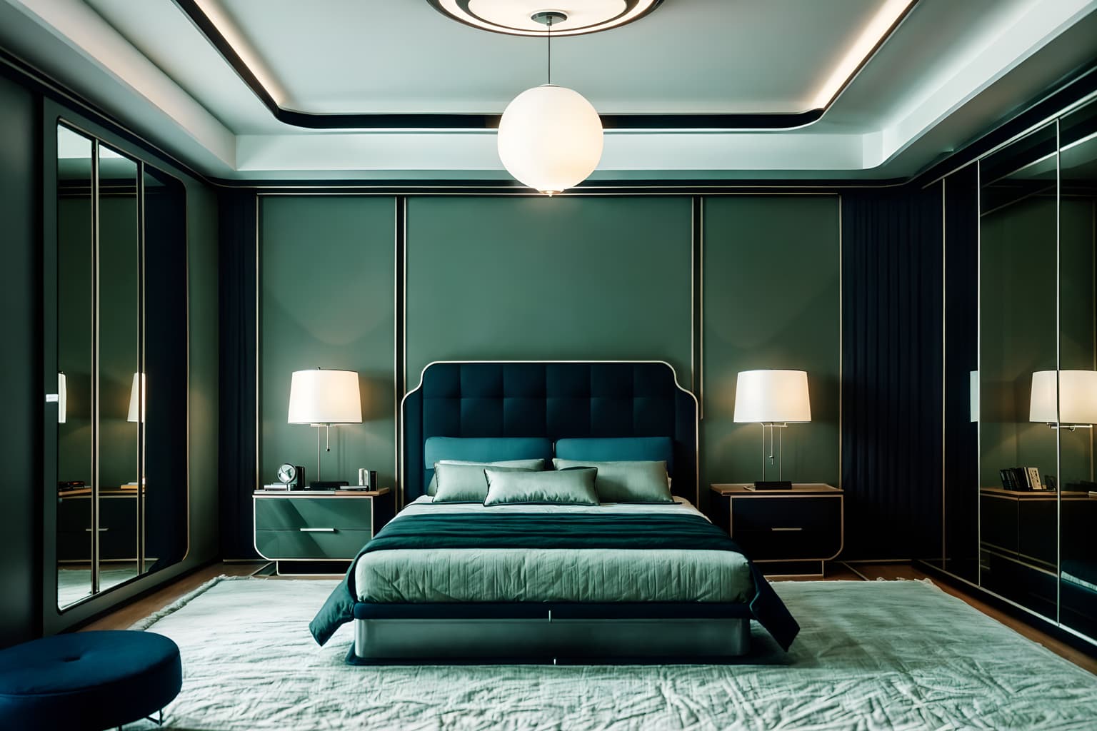 retro futuristic-style (bedroom interior) with night light and mirror and bed and dresser closet and storage bench or ottoman and headboard and accent chair and plant. . with glass panes and vintage futurism and circular shapes and steel finishing and minimalist clean lines and monochromatic palette and light colors and strong geometric walls. . cinematic photo, highly detailed, cinematic lighting, ultra-detailed, ultrarealistic, photorealism, 8k. retro futuristic interior design style. masterpiece, cinematic light, ultrarealistic+, photorealistic+, 8k, raw photo, realistic, sharp focus on eyes, (symmetrical eyes), (intact eyes), hyperrealistic, highest quality, best quality, , highly detailed, masterpiece, best quality, extremely detailed 8k wallpaper, masterpiece, best quality, ultra-detailed, best shadow, detailed background, detailed face, detailed eyes, high contrast, best illumination, detailed face, dulux, caustic, dynamic angle, detailed glow. dramatic lighting. highly detailed, insanely detailed hair, symmetrical, intricate details, professionally retouched, 8k high definition. strong bokeh. award winning photo.