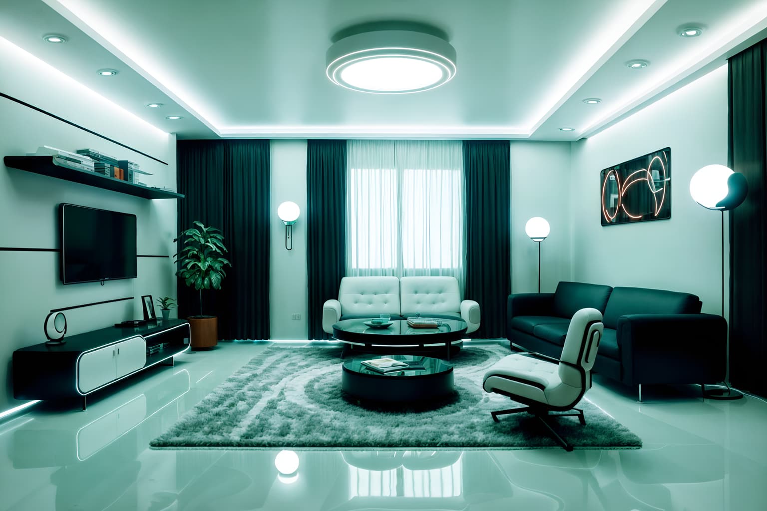 retro futuristic-style (living room interior) with electric lamps and chairs and furniture and bookshelves and plant and televisions and coffee tables and rug. . with monochromatic palette and circular shapes and floating surfaces and neutral background and bright accents and minimalist clean lines and smooth marble and futurism minimalist interior and futuristic interior. . cinematic photo, highly detailed, cinematic lighting, ultra-detailed, ultrarealistic, photorealism, 8k. retro futuristic interior design style. masterpiece, cinematic light, ultrarealistic+, photorealistic+, 8k, raw photo, realistic, sharp focus on eyes, (symmetrical eyes), (intact eyes), hyperrealistic, highest quality, best quality, , highly detailed, masterpiece, best quality, extremely detailed 8k wallpaper, masterpiece, best quality, ultra-detailed, best shadow, detailed background, detailed face, detailed eyes, high contrast, best illumination, detailed face, dulux, caustic, dynamic angle, detailed glow. dramatic lighting. highly detailed, insanely detailed hair, symmetrical, intricate details, professionally retouched, 8k high definition. strong bokeh. award winning photo.