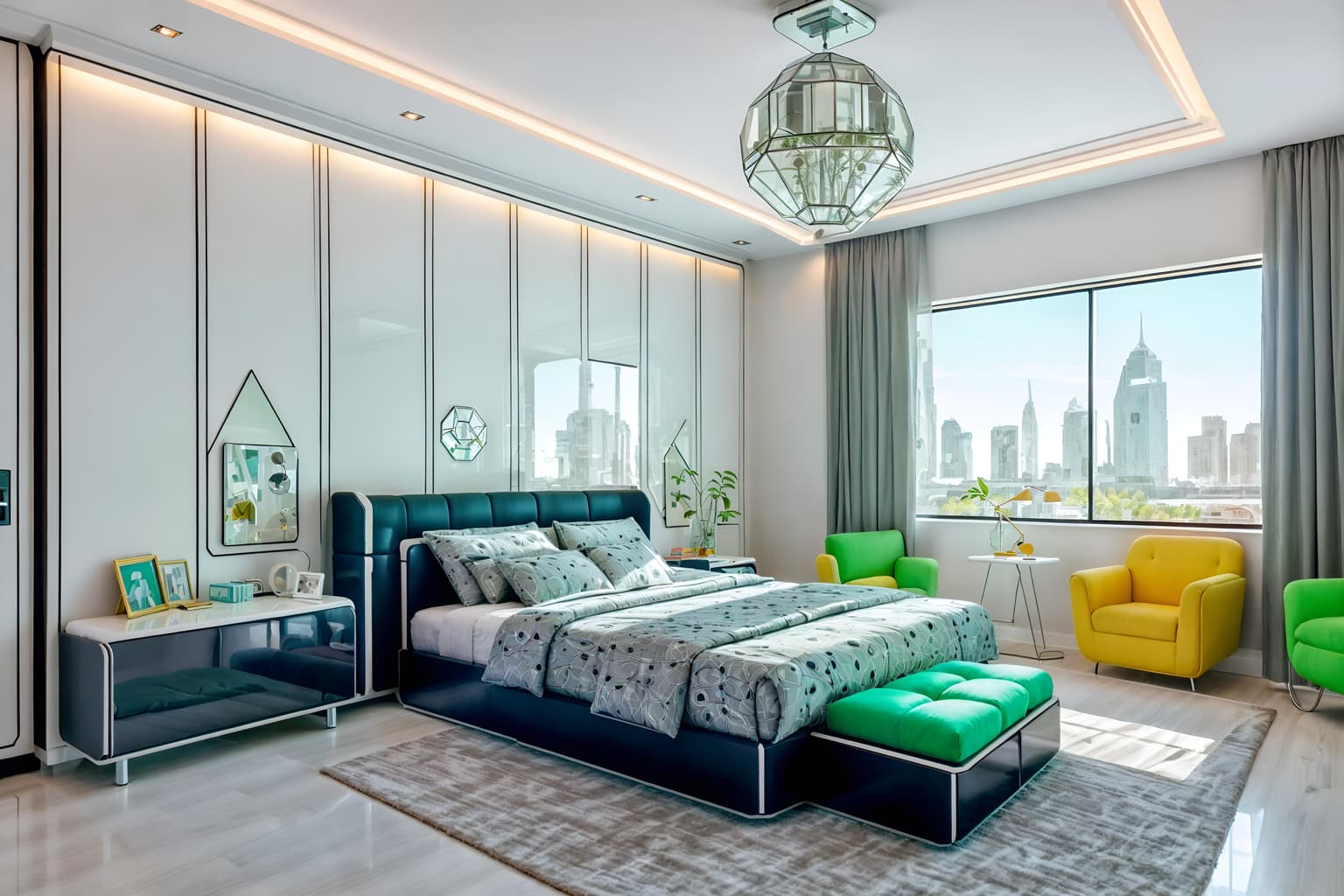 retro futuristic-style (kids room interior) with headboard and plant and bedside table or night stand and storage bench or ottoman and dresser closet and accent chair and night light and kids desk. . with glass panes and strong geometric walls and smooth polished marble and floating surfaces and futuristic interior and futurism minimalist interior and smooth marble and neutral background and bright accents. . cinematic photo, highly detailed, cinematic lighting, ultra-detailed, ultrarealistic, photorealism, 8k. retro futuristic interior design style. masterpiece, cinematic light, ultrarealistic+, photorealistic+, 8k, raw photo, realistic, sharp focus on eyes, (symmetrical eyes), (intact eyes), hyperrealistic, highest quality, best quality, , highly detailed, masterpiece, best quality, extremely detailed 8k wallpaper, masterpiece, best quality, ultra-detailed, best shadow, detailed background, detailed face, detailed eyes, high contrast, best illumination, detailed face, dulux, caustic, dynamic angle, detailed glow. dramatic lighting. highly detailed, insanely detailed hair, symmetrical, intricate details, professionally retouched, 8k high definition. strong bokeh. award winning photo.