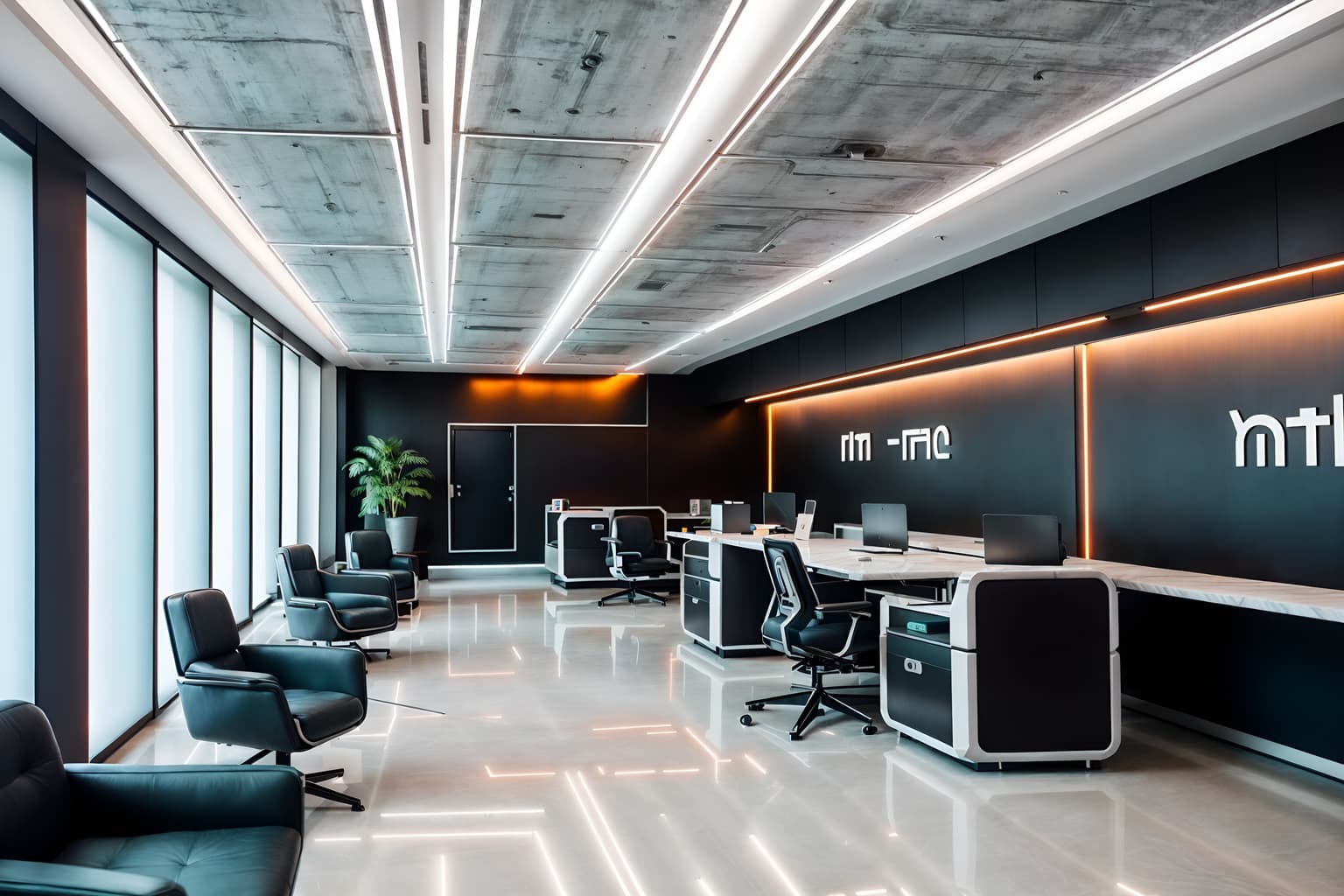 retro futuristic-style (coworking space interior) with office desks and seating area with sofa and lounge chairs and office chairs and office desks. . with smooth polished marble and monochromatic palette and futuristic interior and futurism minimalist interior and minimalist clean lines and glass panes and light colors and strong geometric walls. . cinematic photo, highly detailed, cinematic lighting, ultra-detailed, ultrarealistic, photorealism, 8k. retro futuristic interior design style. masterpiece, cinematic light, ultrarealistic+, photorealistic+, 8k, raw photo, realistic, sharp focus on eyes, (symmetrical eyes), (intact eyes), hyperrealistic, highest quality, best quality, , highly detailed, masterpiece, best quality, extremely detailed 8k wallpaper, masterpiece, best quality, ultra-detailed, best shadow, detailed background, detailed face, detailed eyes, high contrast, best illumination, detailed face, dulux, caustic, dynamic angle, detailed glow. dramatic lighting. highly detailed, insanely detailed hair, symmetrical, intricate details, professionally retouched, 8k high definition. strong bokeh. award winning photo.