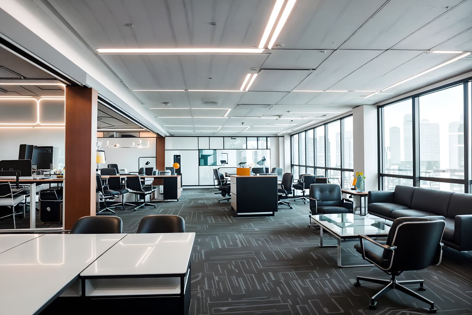 retro futuristic-style (coworking space interior) with office desks and seating area with sofa and lounge chairs and office chairs and office desks. . with smooth polished marble and monochromatic palette and futuristic interior and futurism minimalist interior and minimalist clean lines and glass panes and light colors and strong geometric walls. . cinematic photo, highly detailed, cinematic lighting, ultra-detailed, ultrarealistic, photorealism, 8k. retro futuristic interior design style. masterpiece, cinematic light, ultrarealistic+, photorealistic+, 8k, raw photo, realistic, sharp focus on eyes, (symmetrical eyes), (intact eyes), hyperrealistic, highest quality, best quality, , highly detailed, masterpiece, best quality, extremely detailed 8k wallpaper, masterpiece, best quality, ultra-detailed, best shadow, detailed background, detailed face, detailed eyes, high contrast, best illumination, detailed face, dulux, caustic, dynamic angle, detailed glow. dramatic lighting. highly detailed, insanely detailed hair, symmetrical, intricate details, professionally retouched, 8k high definition. strong bokeh. award winning photo.