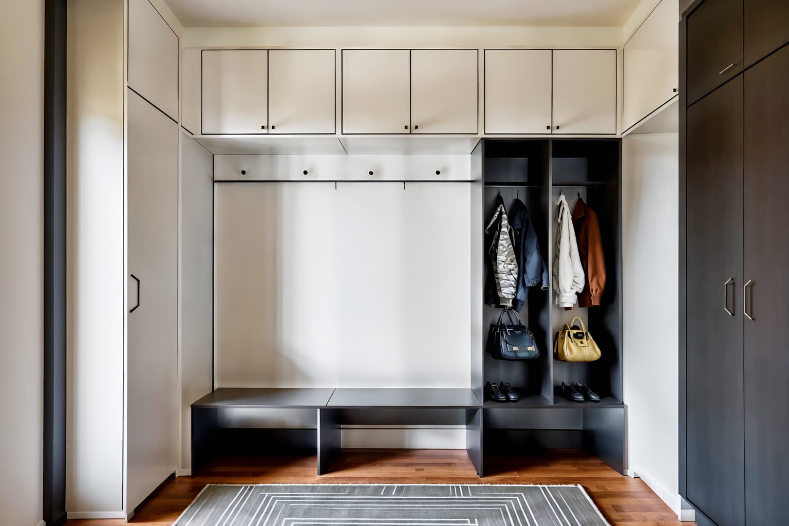 retro futuristic-style (mudroom interior) with a bench and wall hooks for coats and storage baskets and high up storage and storage drawers and cubbies and shelves for shoes and cabinets. . with glass panes and monochromatic palette and futurism minimalist interior and minimalist clean lines and steel finishing and circular shapes and neutral background and bright accents and light colors. . cinematic photo, highly detailed, cinematic lighting, ultra-detailed, ultrarealistic, photorealism, 8k. retro futuristic interior design style. masterpiece, cinematic light, ultrarealistic+, photorealistic+, 8k, raw photo, realistic, sharp focus on eyes, (symmetrical eyes), (intact eyes), hyperrealistic, highest quality, best quality, , highly detailed, masterpiece, best quality, extremely detailed 8k wallpaper, masterpiece, best quality, ultra-detailed, best shadow, detailed background, detailed face, detailed eyes, high contrast, best illumination, detailed face, dulux, caustic, dynamic angle, detailed glow. dramatic lighting. highly detailed, insanely detailed hair, symmetrical, intricate details, professionally retouched, 8k high definition. strong bokeh. award winning photo.