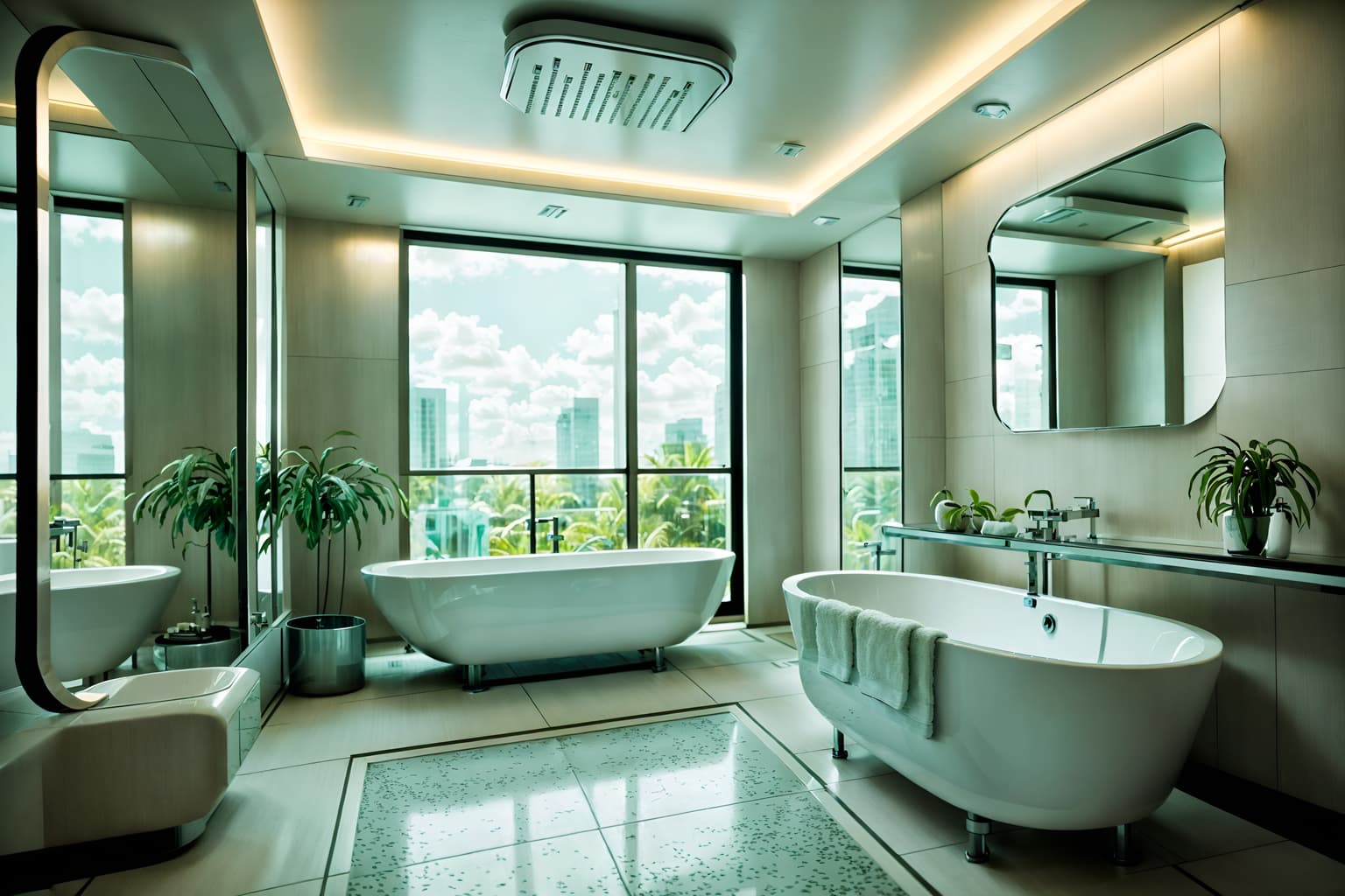 retro futuristic-style (hotel bathroom interior) with mirror and plant and bath towel and shower and bathtub and bathroom cabinet and toilet seat and bathroom sink with faucet. . with neutral background and bright accents and steel finishing and light colors and futuristic interior and floating surfaces and glass panes and circular shapes and minimalist clean lines. . cinematic photo, highly detailed, cinematic lighting, ultra-detailed, ultrarealistic, photorealism, 8k. retro futuristic interior design style. masterpiece, cinematic light, ultrarealistic+, photorealistic+, 8k, raw photo, realistic, sharp focus on eyes, (symmetrical eyes), (intact eyes), hyperrealistic, highest quality, best quality, , highly detailed, masterpiece, best quality, extremely detailed 8k wallpaper, masterpiece, best quality, ultra-detailed, best shadow, detailed background, detailed face, detailed eyes, high contrast, best illumination, detailed face, dulux, caustic, dynamic angle, detailed glow. dramatic lighting. highly detailed, insanely detailed hair, symmetrical, intricate details, professionally retouched, 8k high definition. strong bokeh. award winning photo.