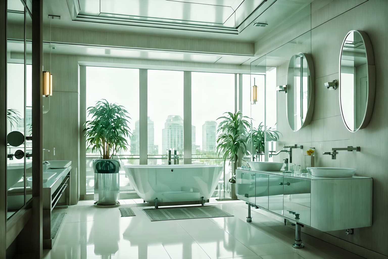 retro futuristic-style (hotel bathroom interior) with mirror and plant and bath towel and shower and bathtub and bathroom cabinet and toilet seat and bathroom sink with faucet. . with neutral background and bright accents and steel finishing and light colors and futuristic interior and floating surfaces and glass panes and circular shapes and minimalist clean lines. . cinematic photo, highly detailed, cinematic lighting, ultra-detailed, ultrarealistic, photorealism, 8k. retro futuristic interior design style. masterpiece, cinematic light, ultrarealistic+, photorealistic+, 8k, raw photo, realistic, sharp focus on eyes, (symmetrical eyes), (intact eyes), hyperrealistic, highest quality, best quality, , highly detailed, masterpiece, best quality, extremely detailed 8k wallpaper, masterpiece, best quality, ultra-detailed, best shadow, detailed background, detailed face, detailed eyes, high contrast, best illumination, detailed face, dulux, caustic, dynamic angle, detailed glow. dramatic lighting. highly detailed, insanely detailed hair, symmetrical, intricate details, professionally retouched, 8k high definition. strong bokeh. award winning photo.