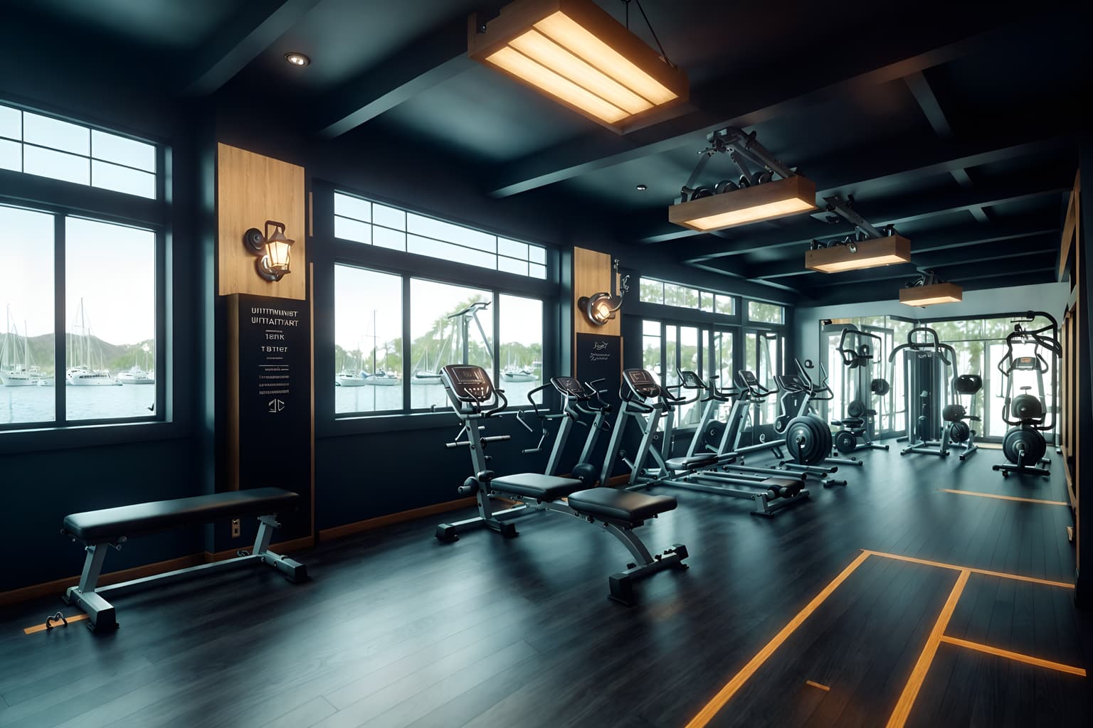 nautical-style (fitness gym interior) with dumbbell stand and exercise bicycle and crosstrainer and squat rack and bench press and dumbbell stand. . . cinematic photo, highly detailed, cinematic lighting, ultra-detailed, ultrarealistic, photorealism, 8k. nautical interior design style. masterpiece, cinematic light, ultrarealistic+, photorealistic+, 8k, raw photo, realistic, sharp focus on eyes, (symmetrical eyes), (intact eyes), hyperrealistic, highest quality, best quality, , highly detailed, masterpiece, best quality, extremely detailed 8k wallpaper, masterpiece, best quality, ultra-detailed, best shadow, detailed background, detailed face, detailed eyes, high contrast, best illumination, detailed face, dulux, caustic, dynamic angle, detailed glow. dramatic lighting. highly detailed, insanely detailed hair, symmetrical, intricate details, professionally retouched, 8k high definition. strong bokeh. award winning photo.