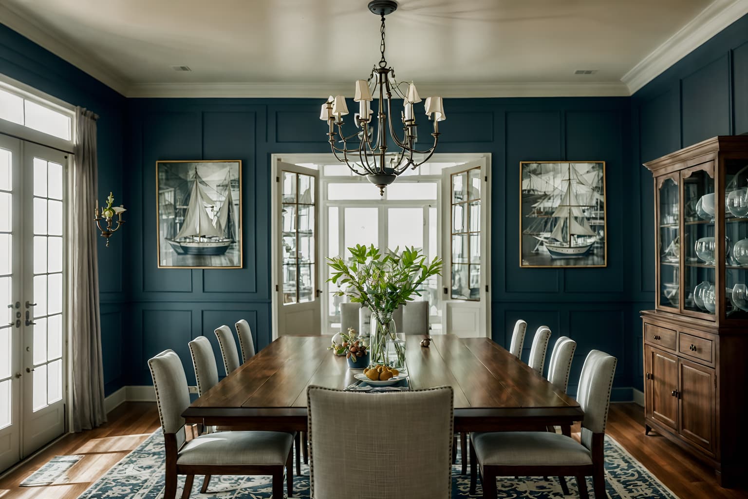 nautical-style (dining room interior) with painting or photo on wall and dining table chairs and dining table and table cloth and light or chandelier and plant and bookshelves and vase. . . cinematic photo, highly detailed, cinematic lighting, ultra-detailed, ultrarealistic, photorealism, 8k. nautical interior design style. masterpiece, cinematic light, ultrarealistic+, photorealistic+, 8k, raw photo, realistic, sharp focus on eyes, (symmetrical eyes), (intact eyes), hyperrealistic, highest quality, best quality, , highly detailed, masterpiece, best quality, extremely detailed 8k wallpaper, masterpiece, best quality, ultra-detailed, best shadow, detailed background, detailed face, detailed eyes, high contrast, best illumination, detailed face, dulux, caustic, dynamic angle, detailed glow. dramatic lighting. highly detailed, insanely detailed hair, symmetrical, intricate details, professionally retouched, 8k high definition. strong bokeh. award winning photo.