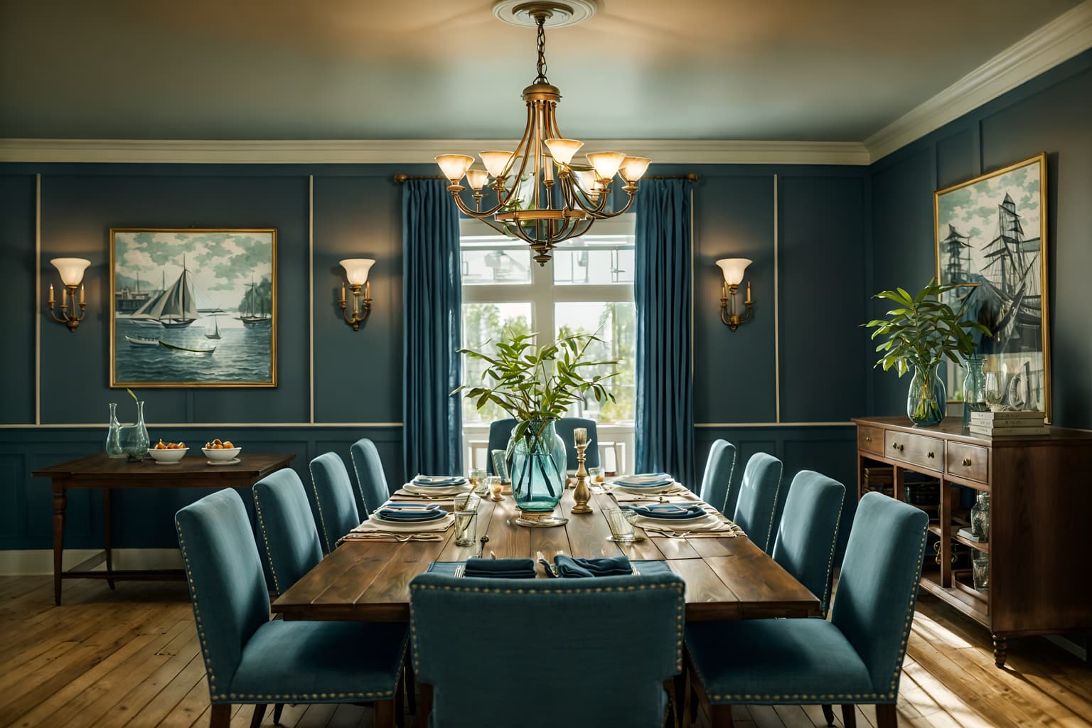 nautical-style (dining room interior) with painting or photo on wall and dining table chairs and dining table and table cloth and light or chandelier and plant and bookshelves and vase. . . cinematic photo, highly detailed, cinematic lighting, ultra-detailed, ultrarealistic, photorealism, 8k. nautical interior design style. masterpiece, cinematic light, ultrarealistic+, photorealistic+, 8k, raw photo, realistic, sharp focus on eyes, (symmetrical eyes), (intact eyes), hyperrealistic, highest quality, best quality, , highly detailed, masterpiece, best quality, extremely detailed 8k wallpaper, masterpiece, best quality, ultra-detailed, best shadow, detailed background, detailed face, detailed eyes, high contrast, best illumination, detailed face, dulux, caustic, dynamic angle, detailed glow. dramatic lighting. highly detailed, insanely detailed hair, symmetrical, intricate details, professionally retouched, 8k high definition. strong bokeh. award winning photo.