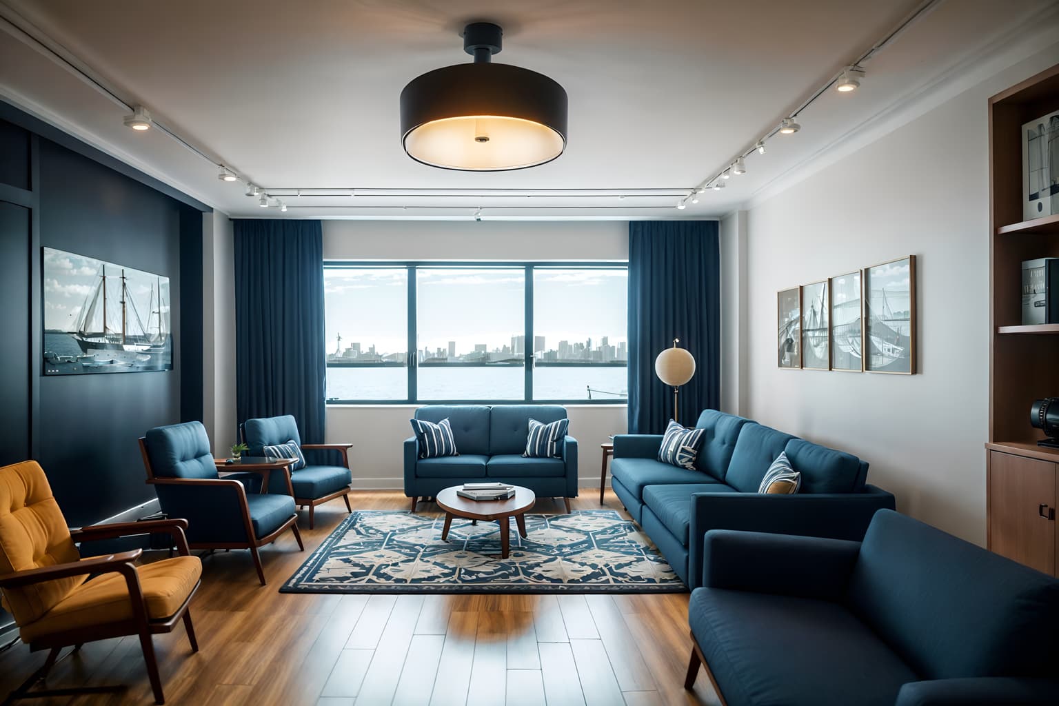 nautical-style (coworking space interior) with office desks and office chairs and lounge chairs and seating area with sofa and office desks. . . cinematic photo, highly detailed, cinematic lighting, ultra-detailed, ultrarealistic, photorealism, 8k. nautical interior design style. masterpiece, cinematic light, ultrarealistic+, photorealistic+, 8k, raw photo, realistic, sharp focus on eyes, (symmetrical eyes), (intact eyes), hyperrealistic, highest quality, best quality, , highly detailed, masterpiece, best quality, extremely detailed 8k wallpaper, masterpiece, best quality, ultra-detailed, best shadow, detailed background, detailed face, detailed eyes, high contrast, best illumination, detailed face, dulux, caustic, dynamic angle, detailed glow. dramatic lighting. highly detailed, insanely detailed hair, symmetrical, intricate details, professionally retouched, 8k high definition. strong bokeh. award winning photo.